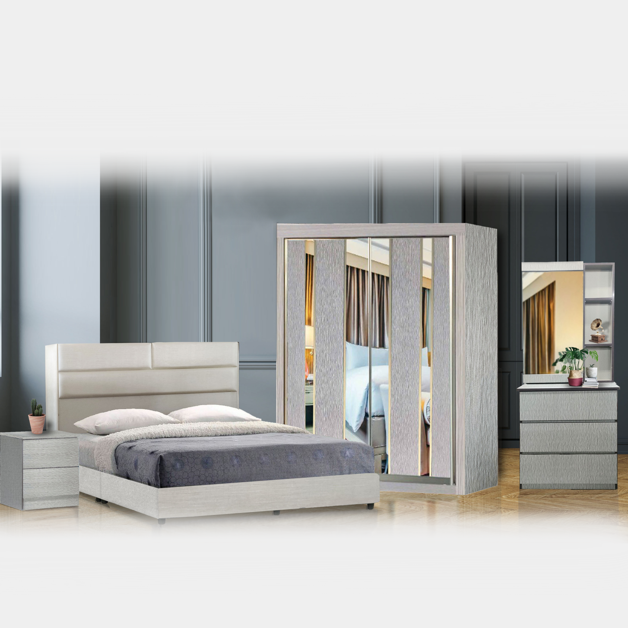 Goodnite Queen Bedroom Set, Bedframe + Wardrobe + Dresser + Side Table (1023) Free GoodJoy Lite Mattress
