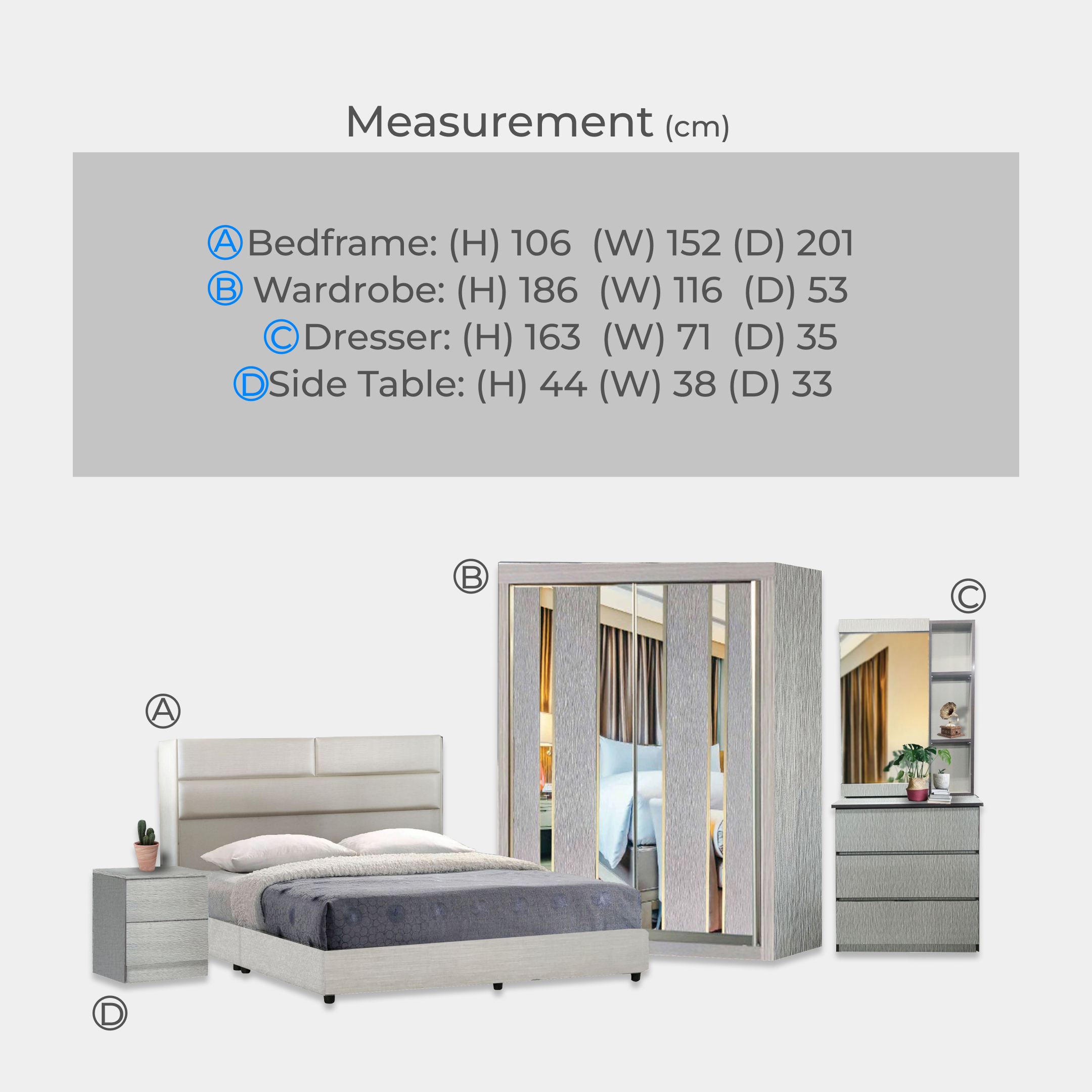 Goodnite Queen Bedroom Set, Bedframe + Wardrobe + Dresser + Side Table (1023) Free GoodJoy Lite Mattress