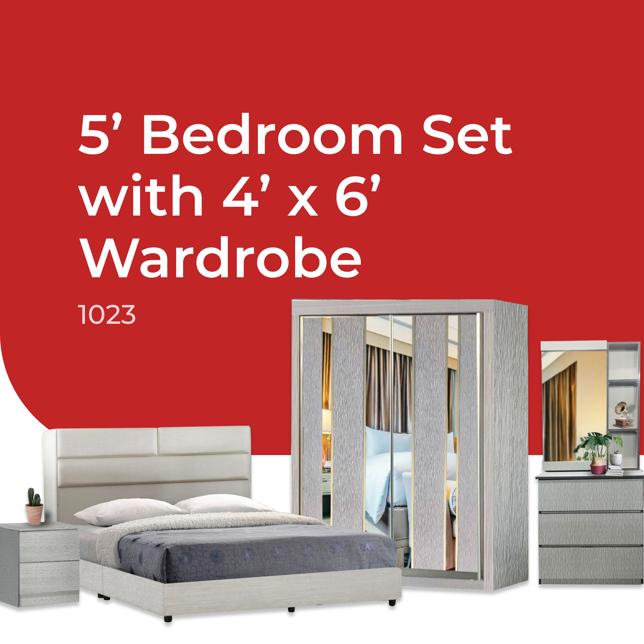 Goodnite Queen Bedroom Set, Bedframe + Wardrobe + Dresser + Side Table (1023) Free GoodJoy Lite Mattress
