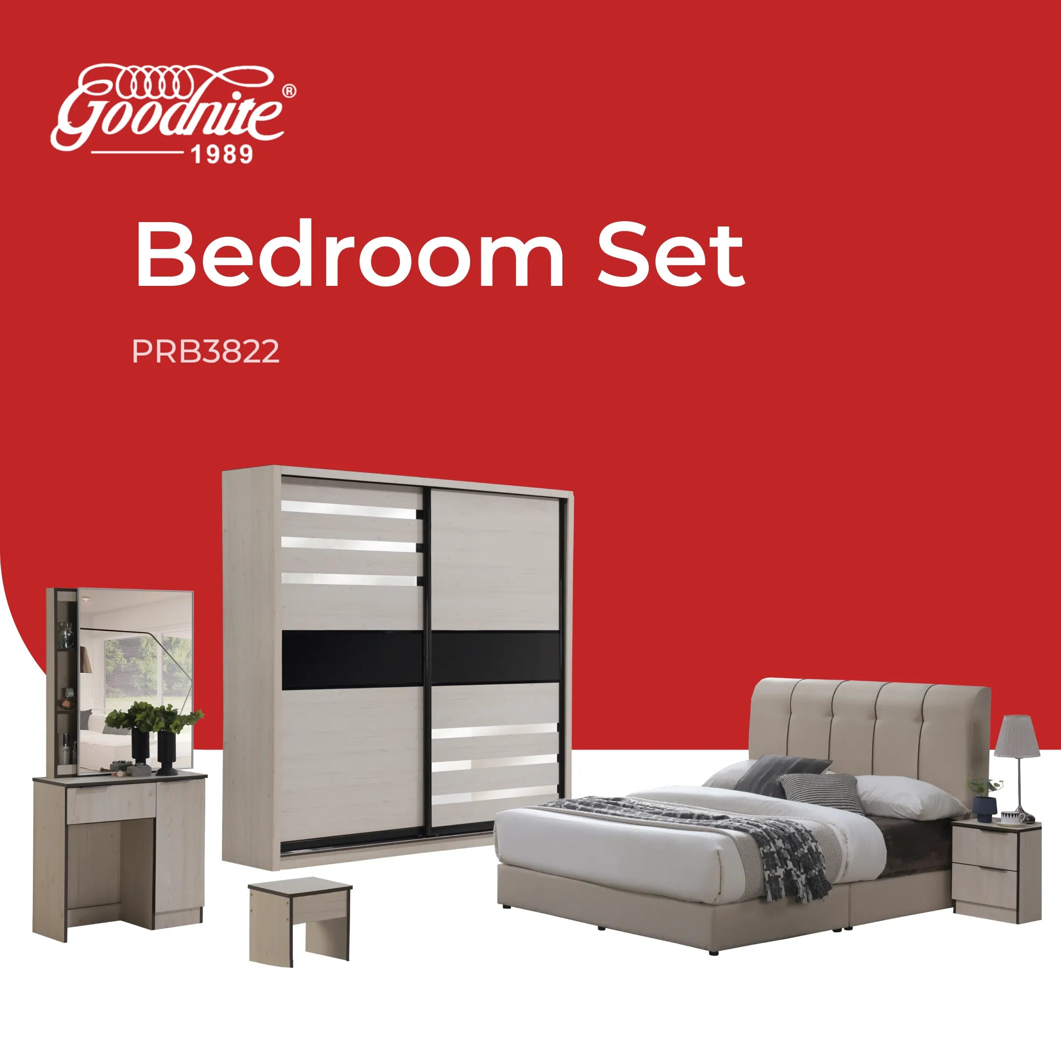 Goodnite Queen/ King Bedroom Set, Bedframe + Wardrobe + Dresser + Side Table (PRB3822)