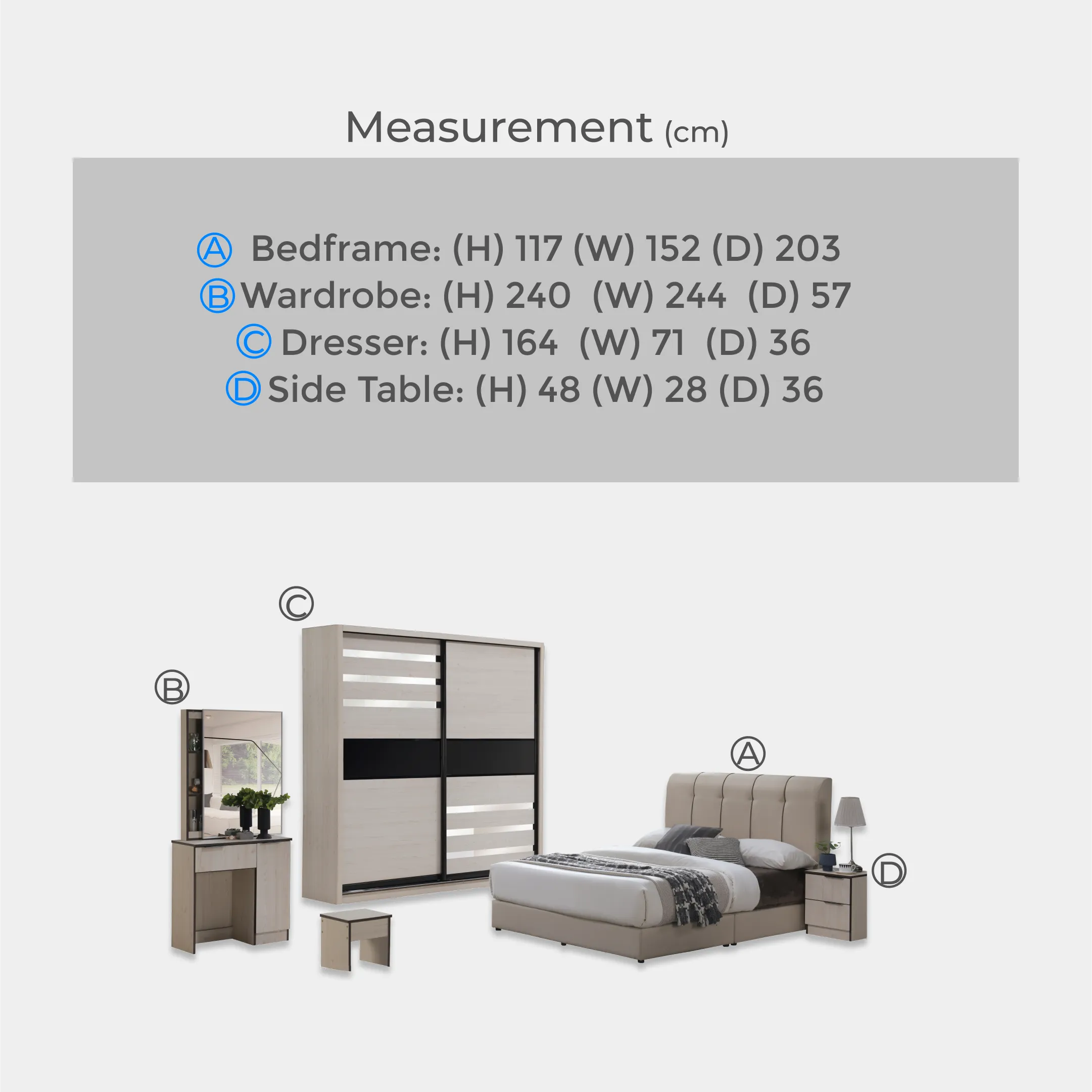 Goodnite Queen/ King Bedroom Set, Bedframe + Wardrobe + Dresser + Side Table (PRB3822)