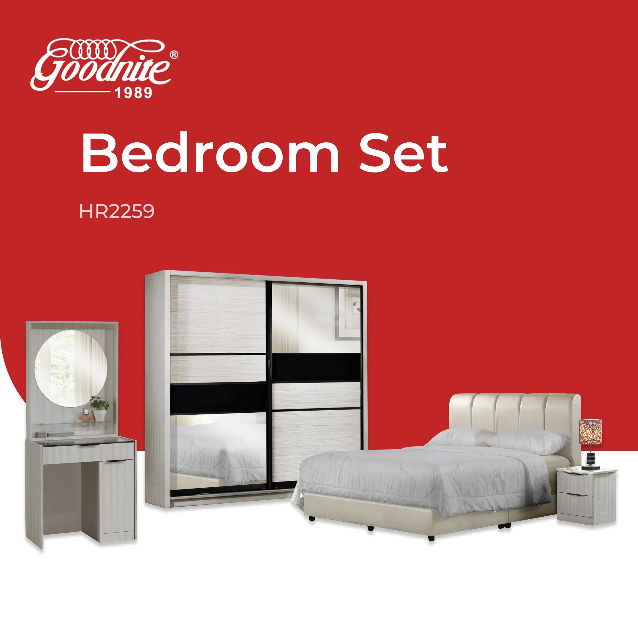 Goodnite Queen/ King Bedroom Set, Bedframe + Wardrobe + Dresser + Side Table (HR2259)