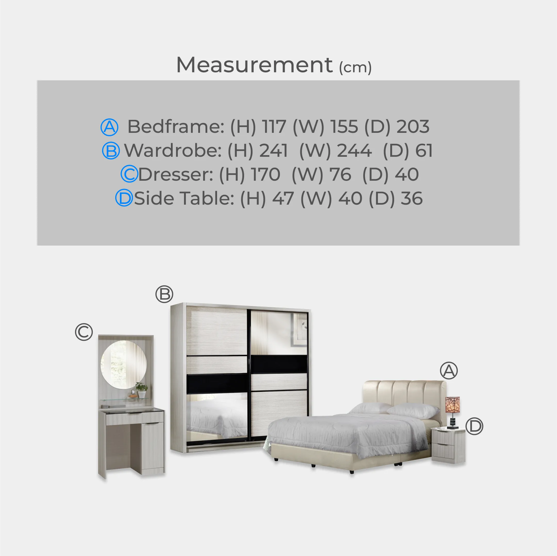 Goodnite Queen/ King Bedroom Set, Bedframe + Wardrobe + Dresser + Side Table (HR2259)