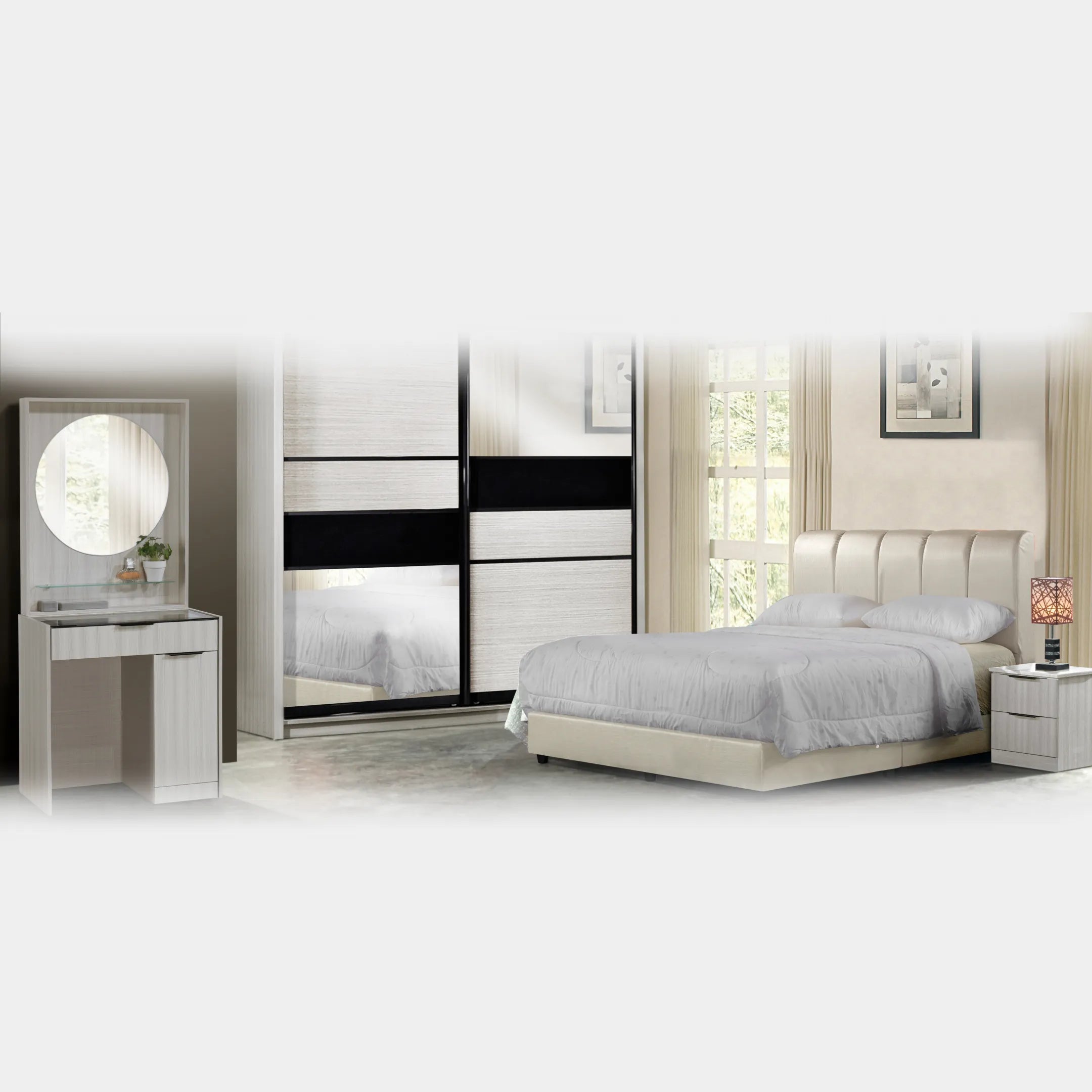 Goodnite Queen/ King Bedroom Set, Bedframe + Wardrobe + Dresser + Side Table (HR2259)