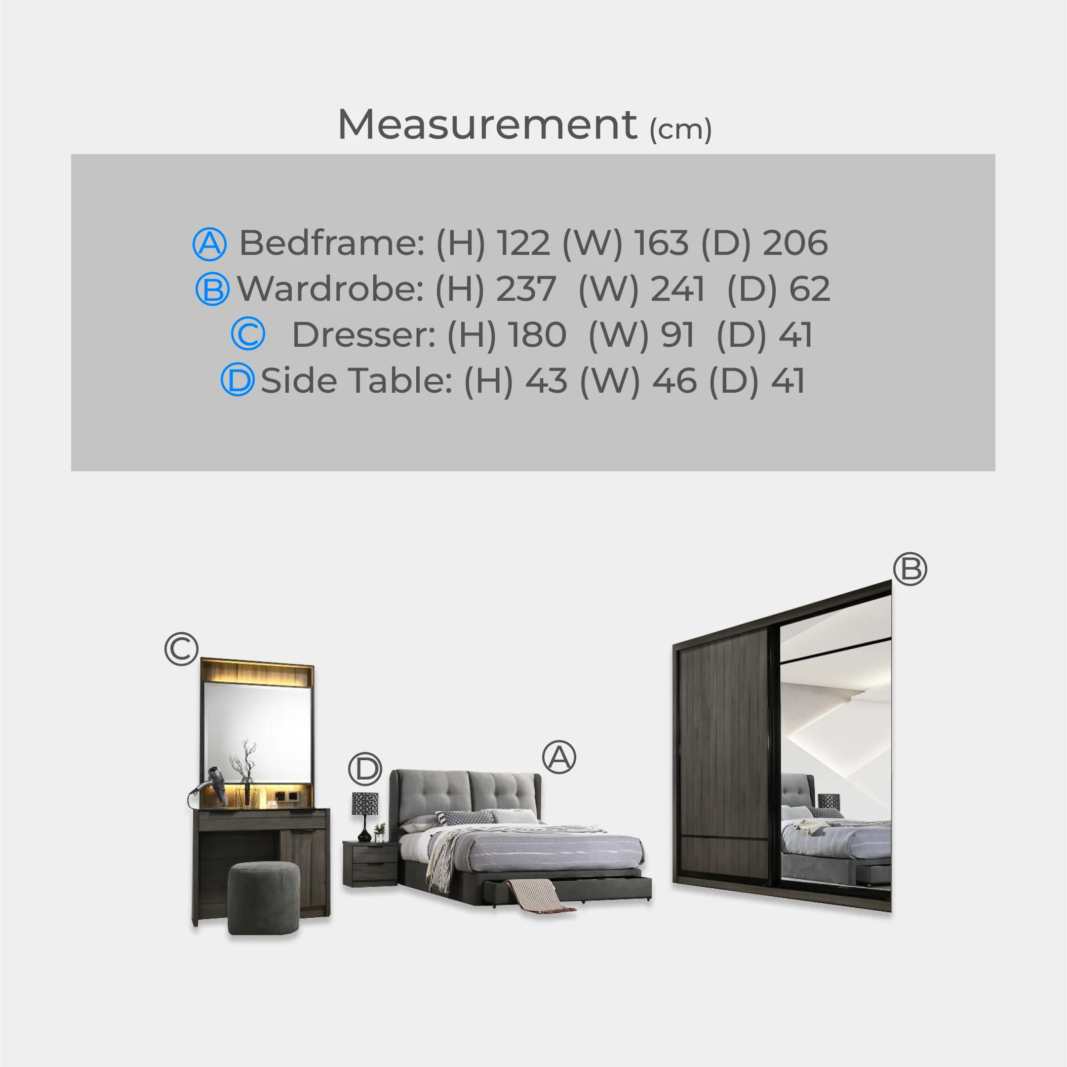 Goodnite Queen/ King Bedroom Set, Bedframe + Wardrobe + Dresser + Side Table (YM8851)