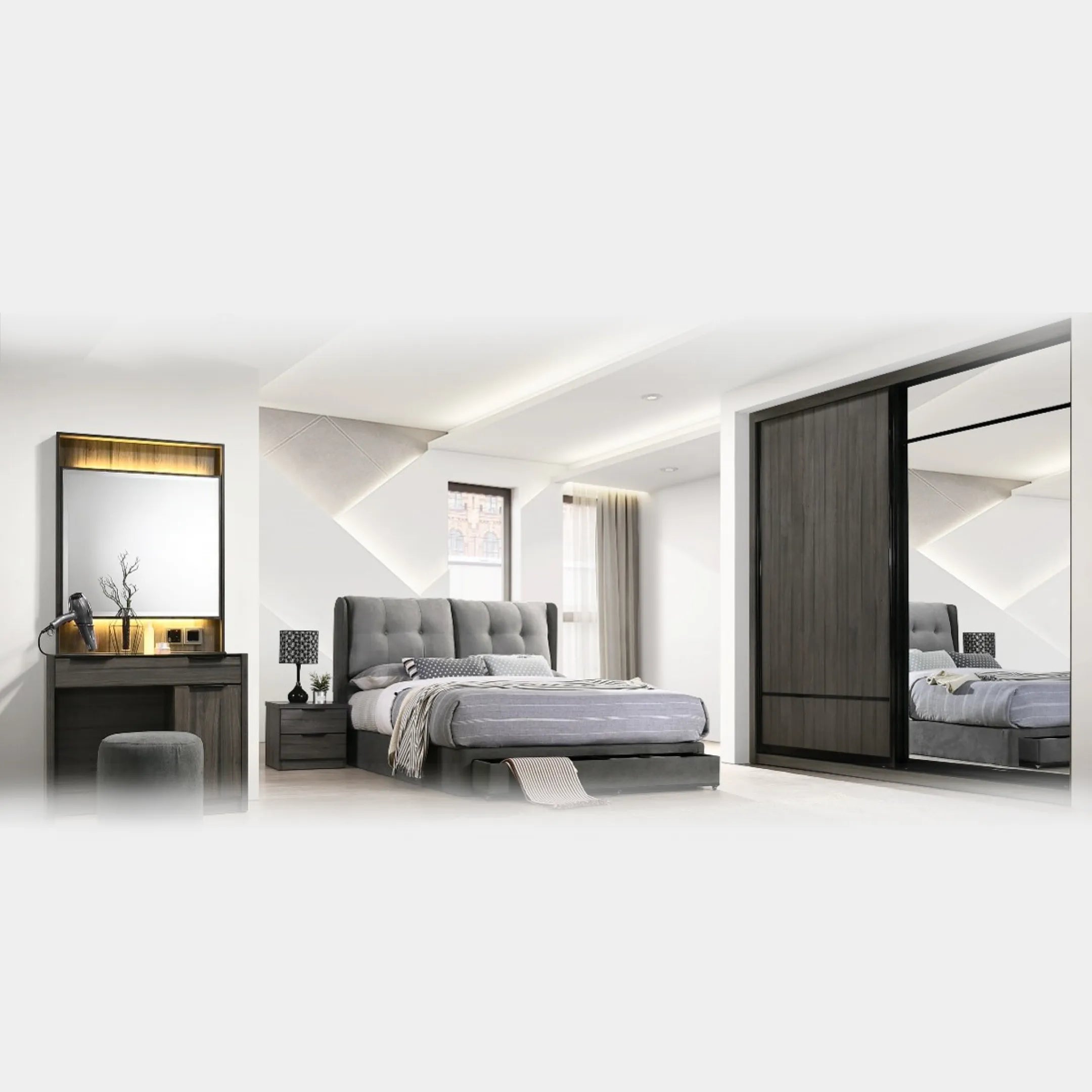 Goodnite Queen/ King Bedroom Set, Bedframe + Wardrobe + Dresser + Side Table (YM8851)