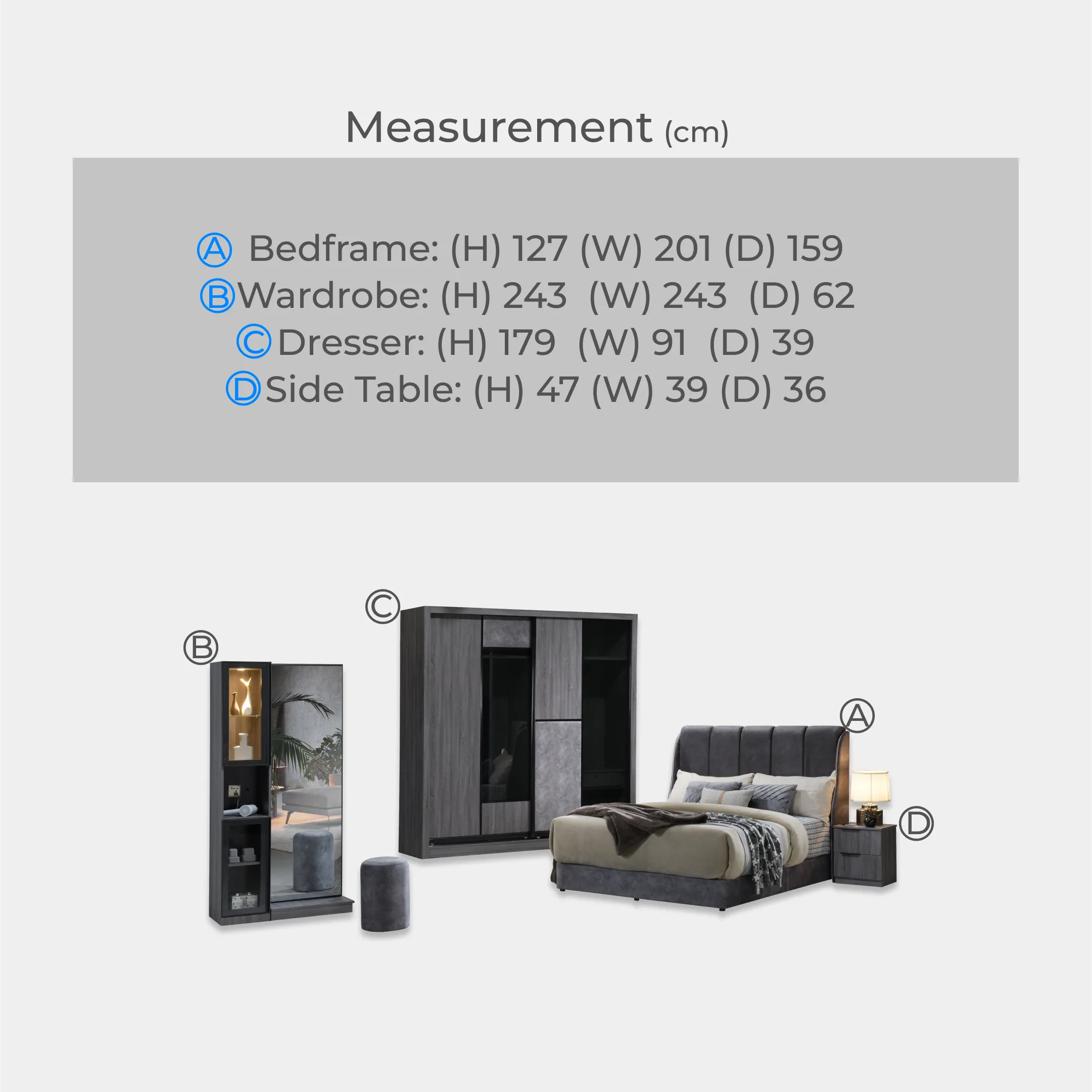 Goodnite Queen/ King Bedroom Set, Bedframe + Wardrobe + Dresser + Side Table (BAT6269)