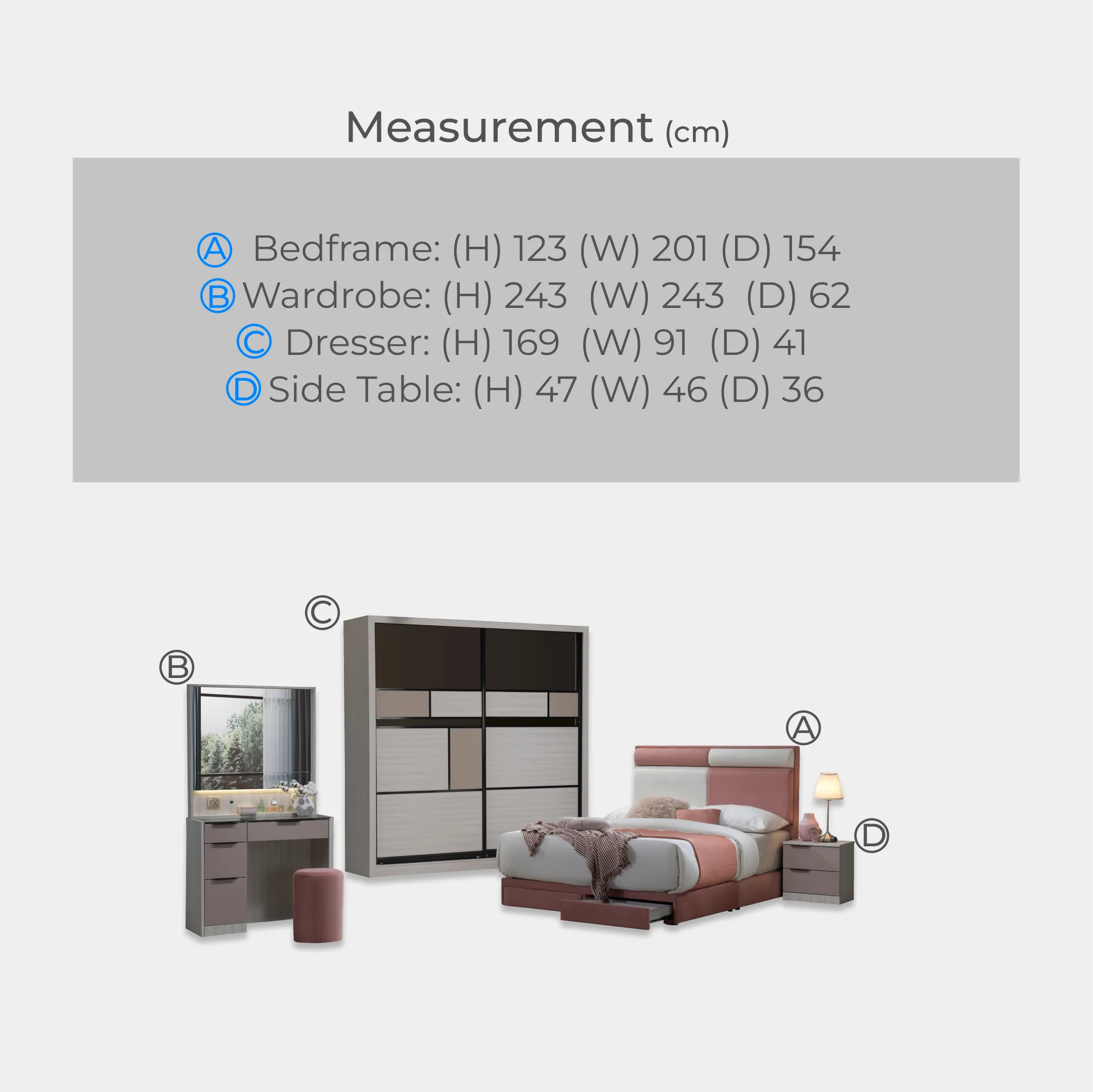 Goodnite Queen/ King Bedroom Set, Bedframe + Wardrobe + Dresser + Side Table (BAT6268)