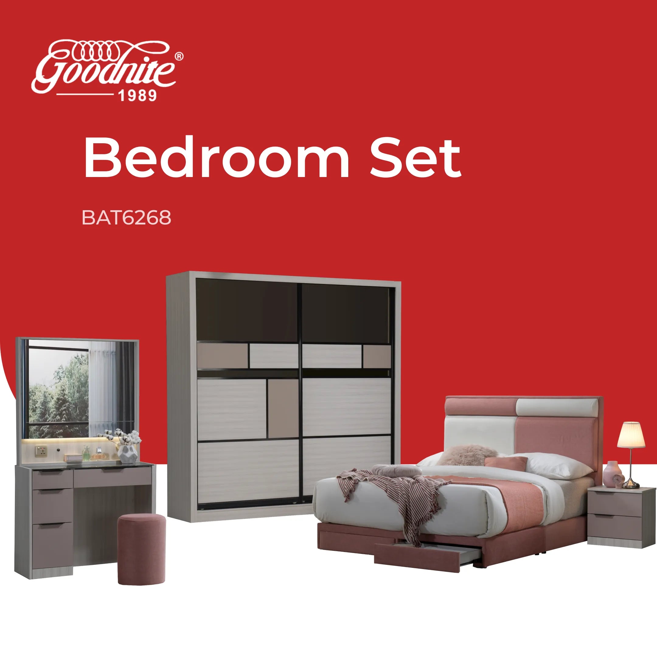 Goodnite Queen/ King Bedroom Set, Bedframe + Wardrobe + Dresser + Side Table (BAT6268)