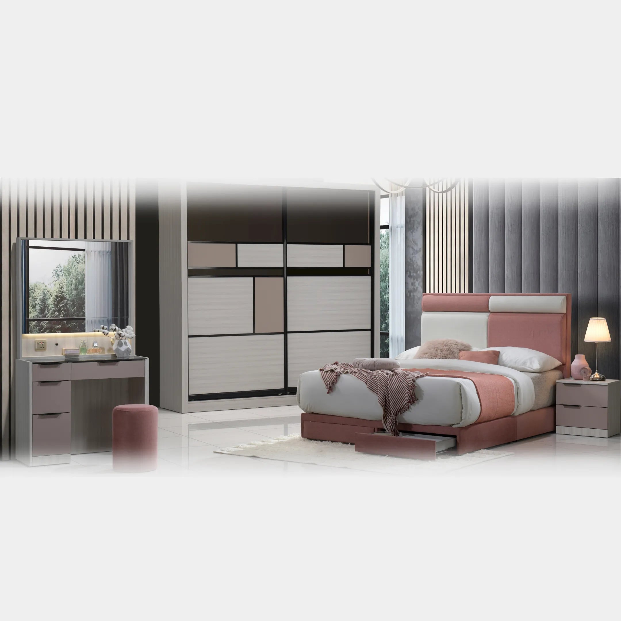 Goodnite Queen/ King Bedroom Set, Bedframe + Wardrobe + Dresser + Side Table (BAT6268)