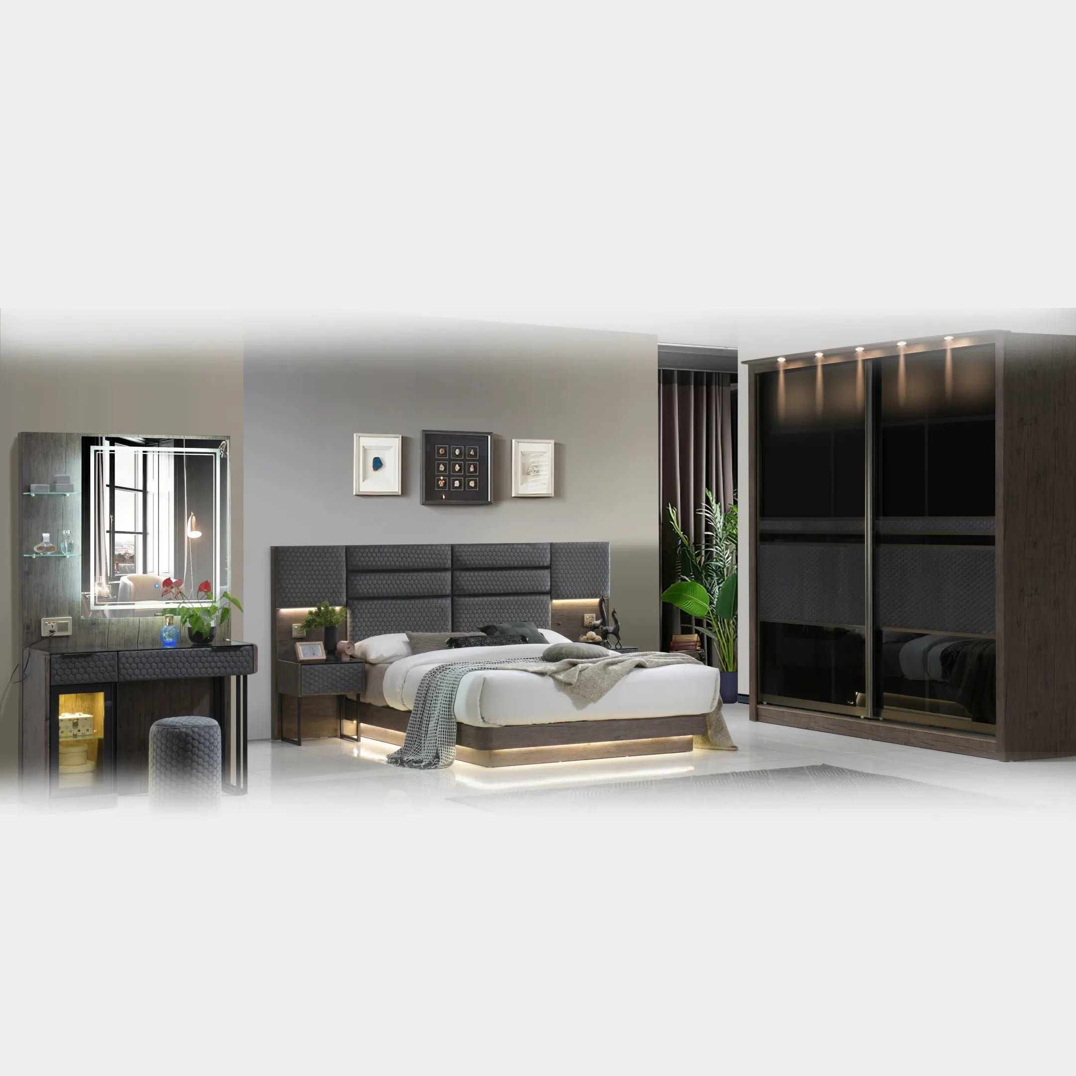Goodnite Queen/ King Bedroom Set, Bedframe + Wardrobe + Dresser + Side Table (SP7808)