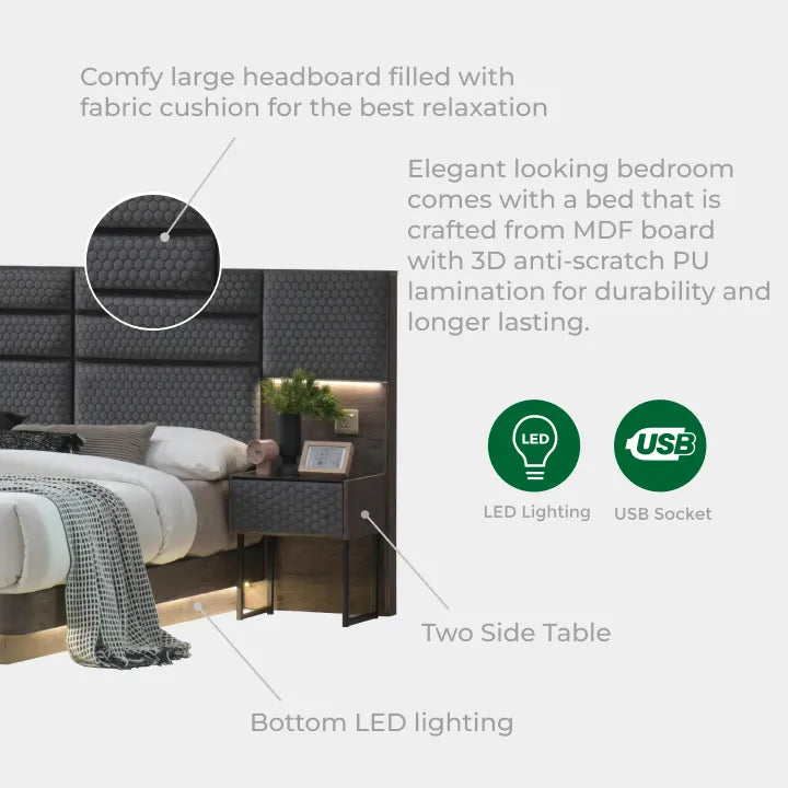 Goodnite Queen/ King Bedroom Set, Bedframe + Wardrobe + Dresser + Side Table (SP7808)