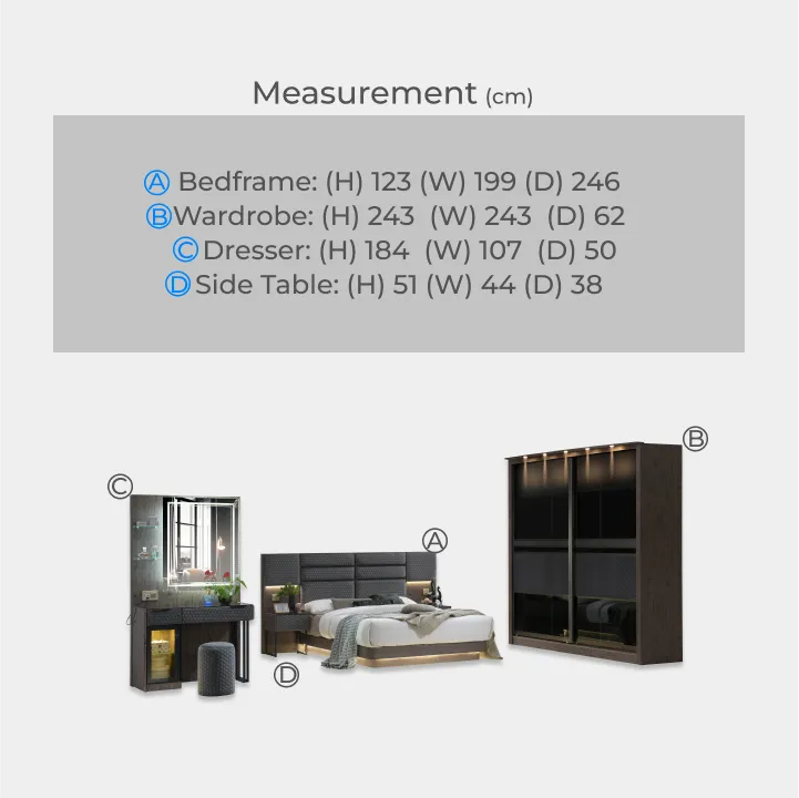 Goodnite Queen/ King Bedroom Set, Bedframe + Wardrobe + Dresser + Side Table (SP7808)