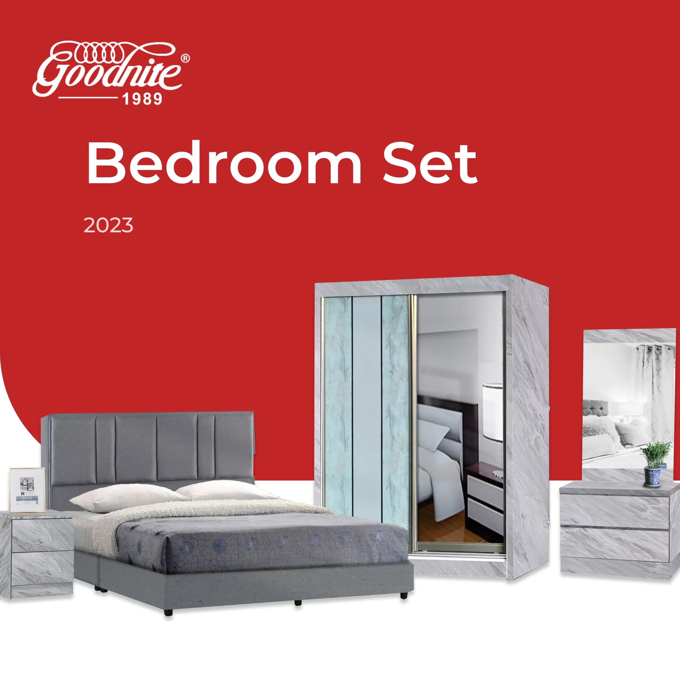 Goodnite Queen/ King Bedroom Set, Bedframe + Wardrobe + Dresser + Side Table (2023)