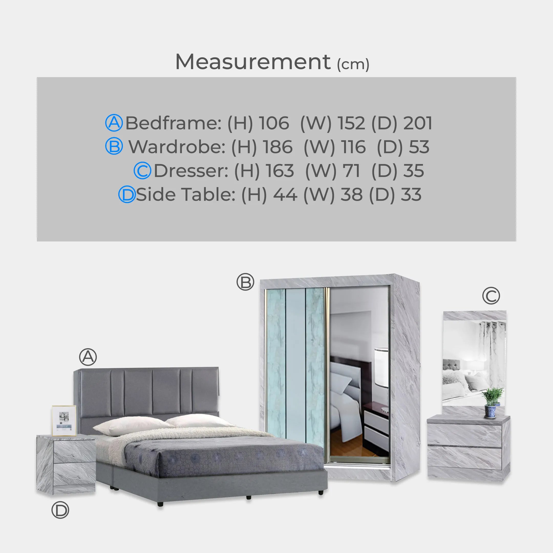 Goodnite Queen/ King Bedroom Set, Bedframe + Wardrobe + Dresser + Side Table (2023)