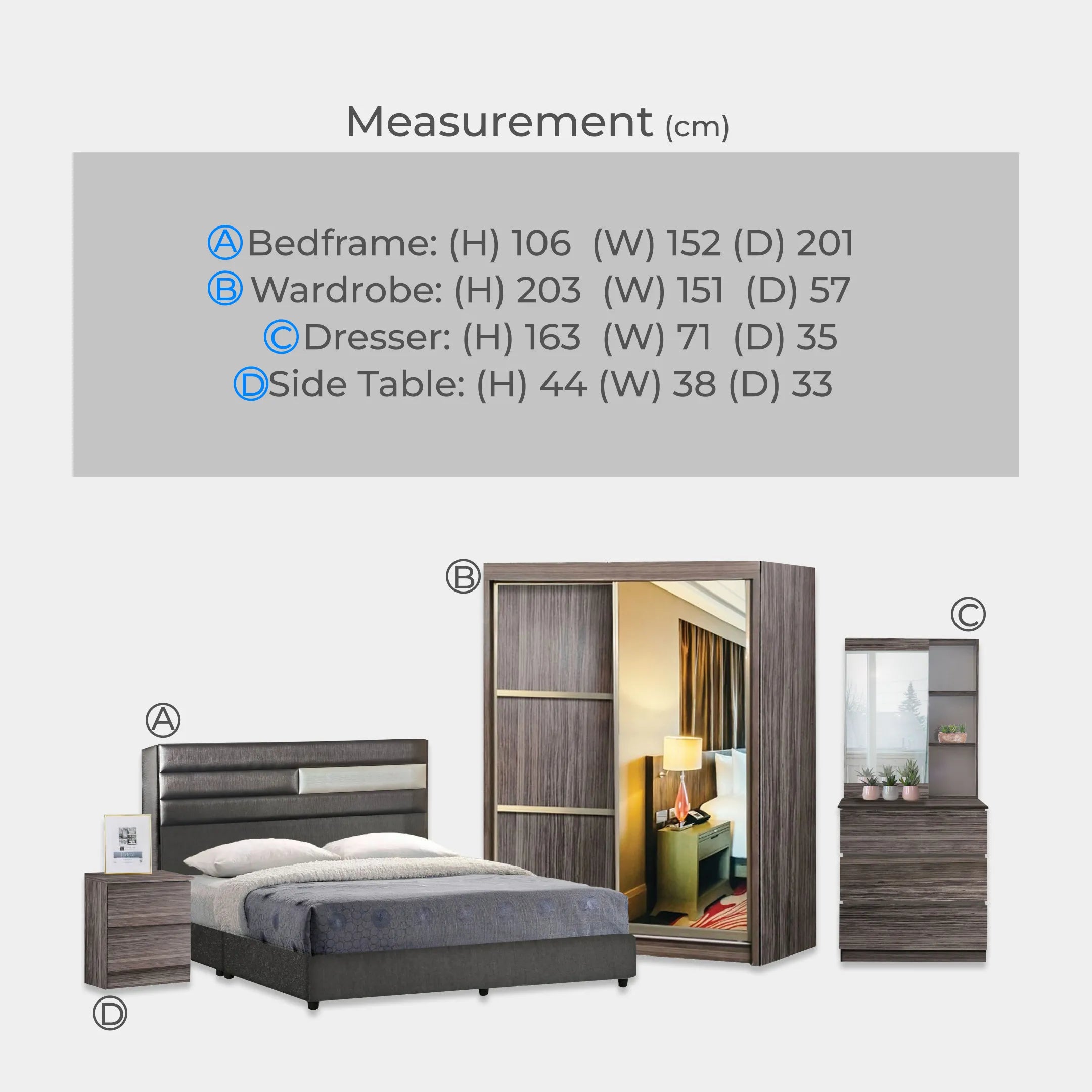 Goodnite Queen/ King Bedroom Set, Bedframe + Wardrobe + Dresser + Side Table (3023)