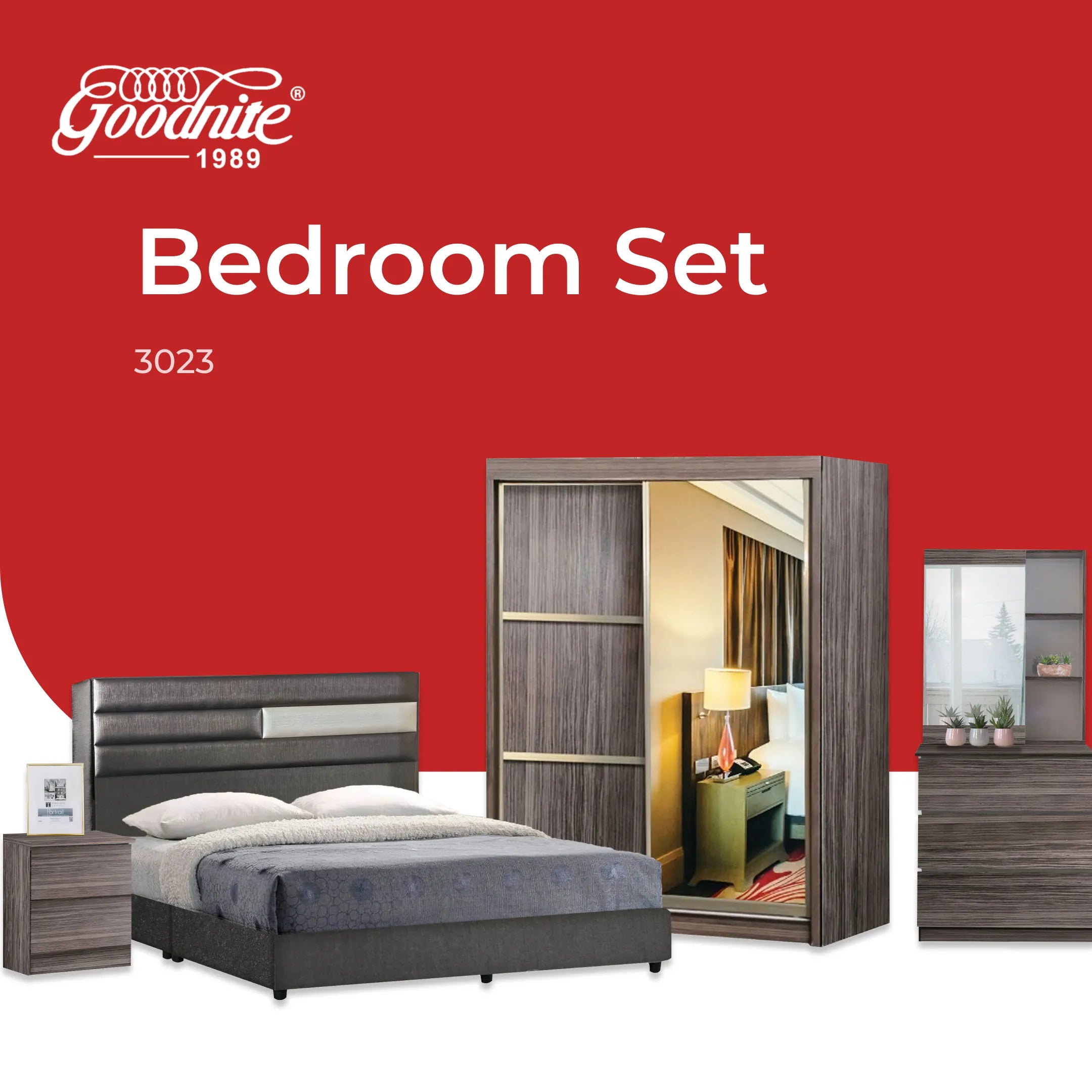 Goodnite Queen/ King Bedroom Set, Bedframe + Wardrobe + Dresser + Side Table (3023)