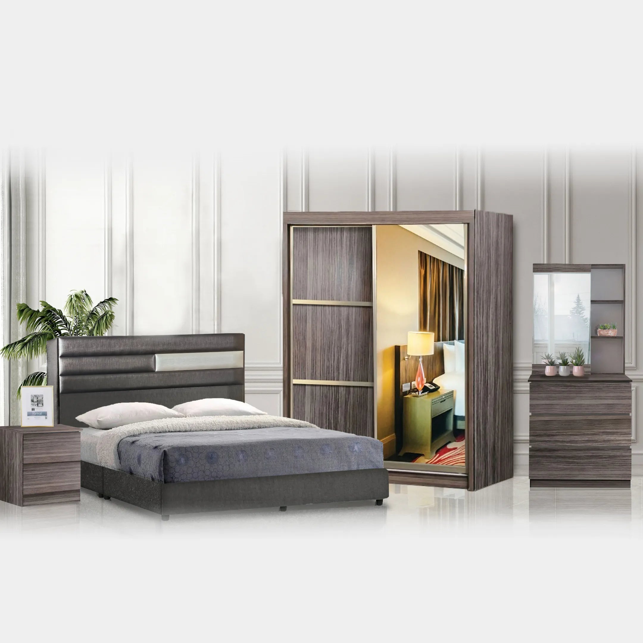 Goodnite Queen/ King Bedroom Set, Bedframe + Wardrobe + Dresser + Side Table (3023)