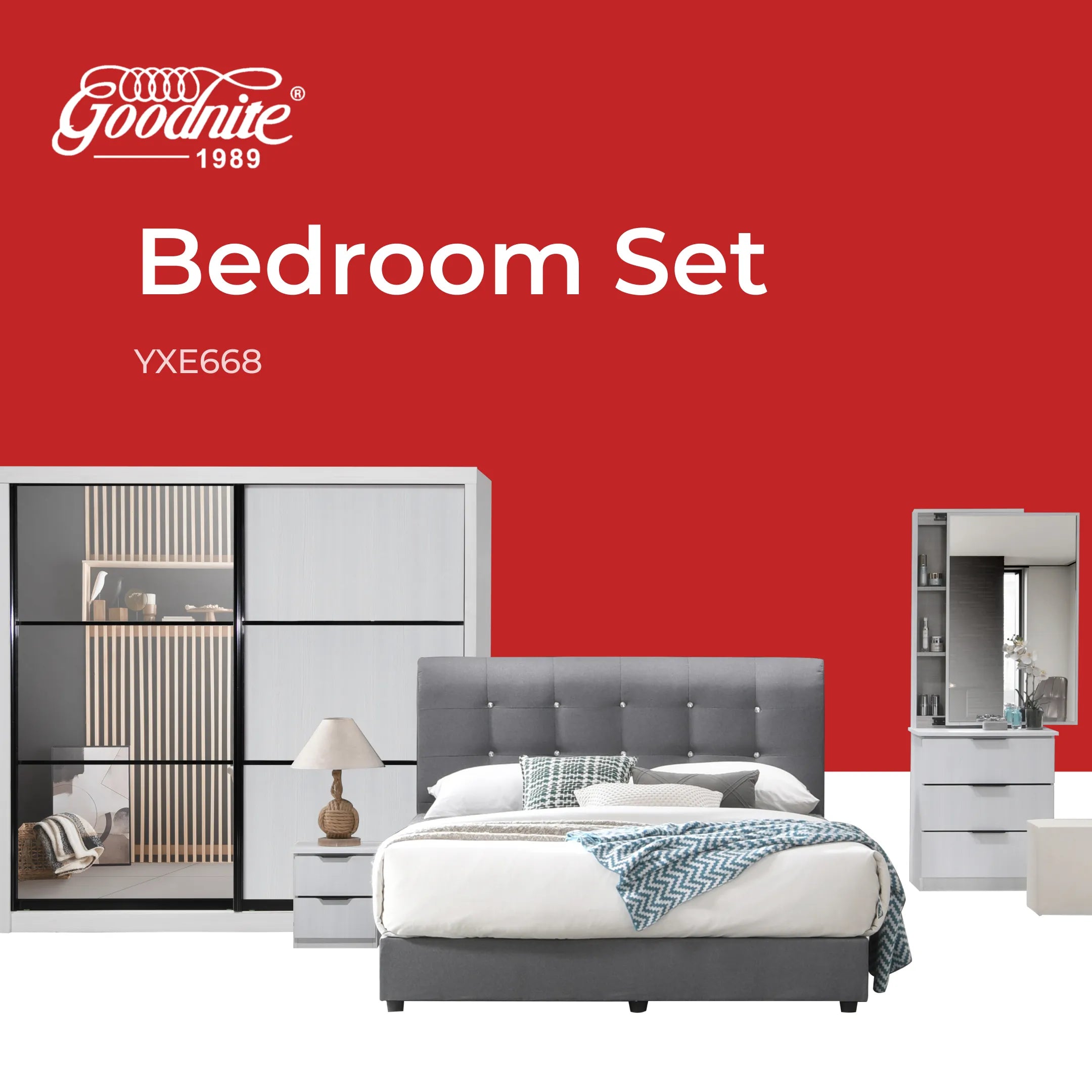 Goodnite Queen/ King Bedroom Set, Bedframe + Wardrobe + Dresser + Side Table (YXE668)