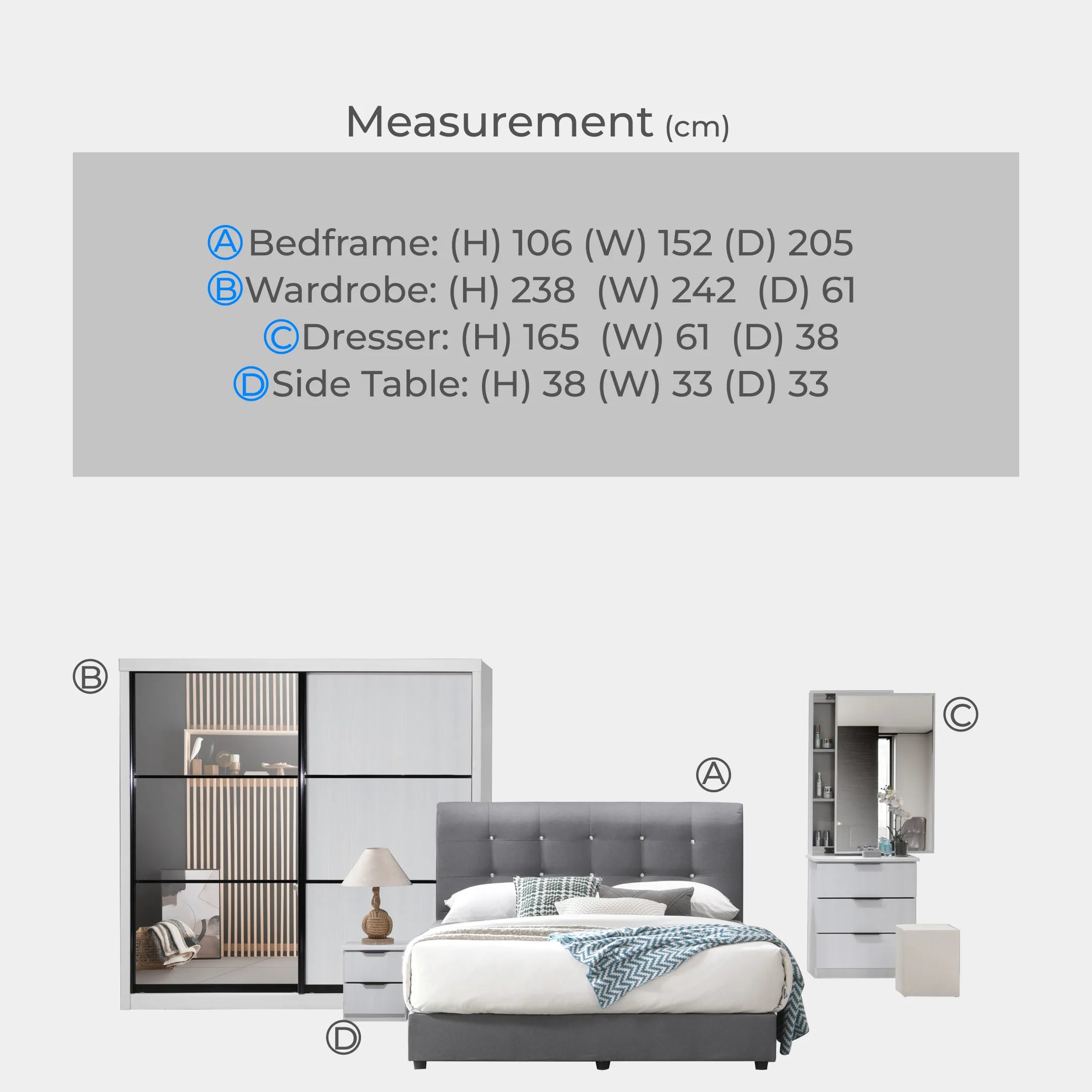 Goodnite Queen/ King Bedroom Set, Bedframe + Wardrobe + Dresser + Side Table (YXE668)
