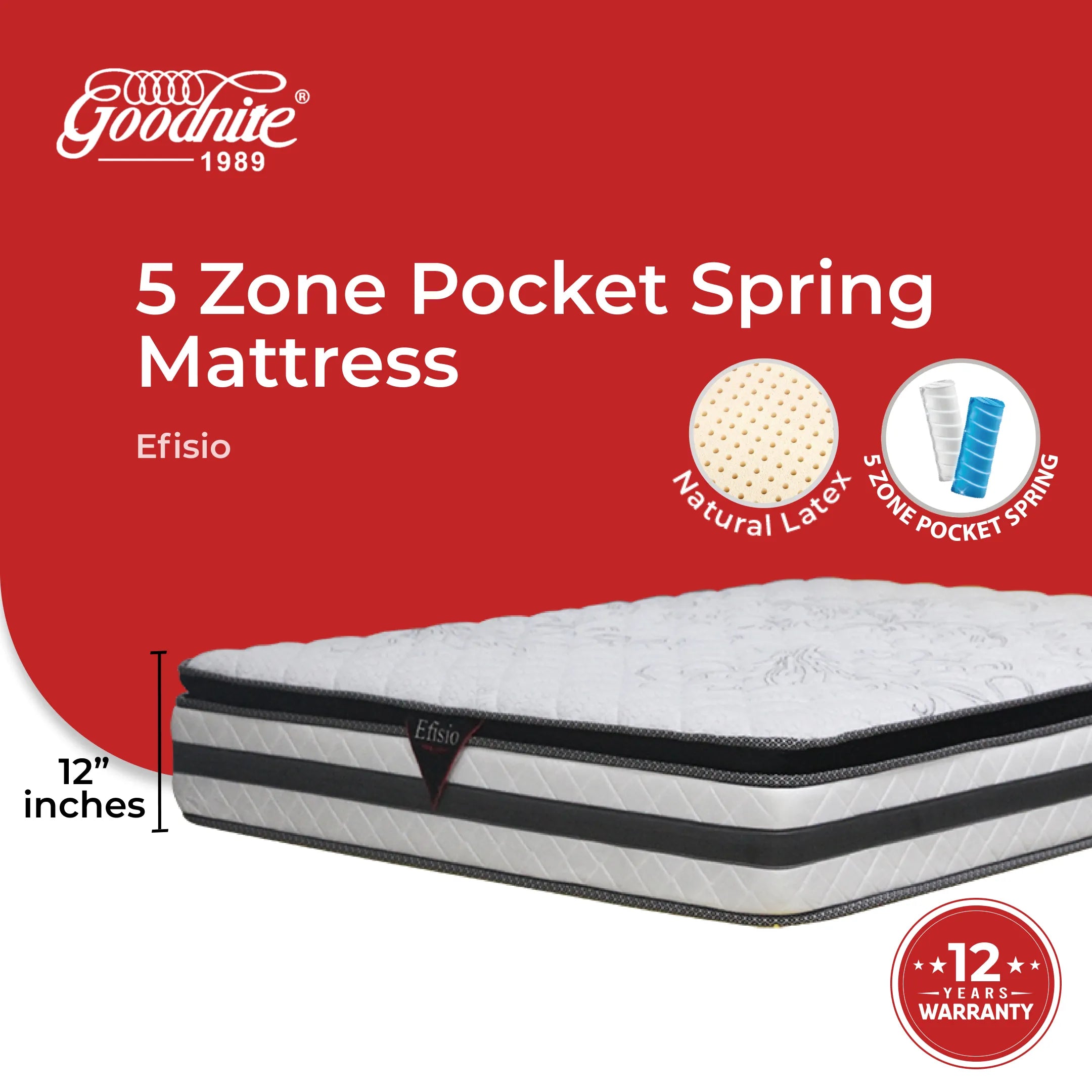 Goodnite Efisio 5 Zone Pocket Spring Mattress (12 Inch) with Single/ Super Single/ Queen/ King