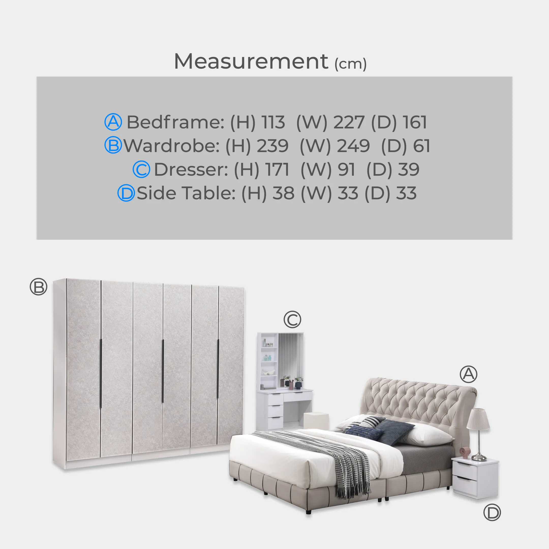 Goodnite Queen/ King Bedroom Set, Bedframe + Wardrobe + Dresser + Side Table (YXE669)