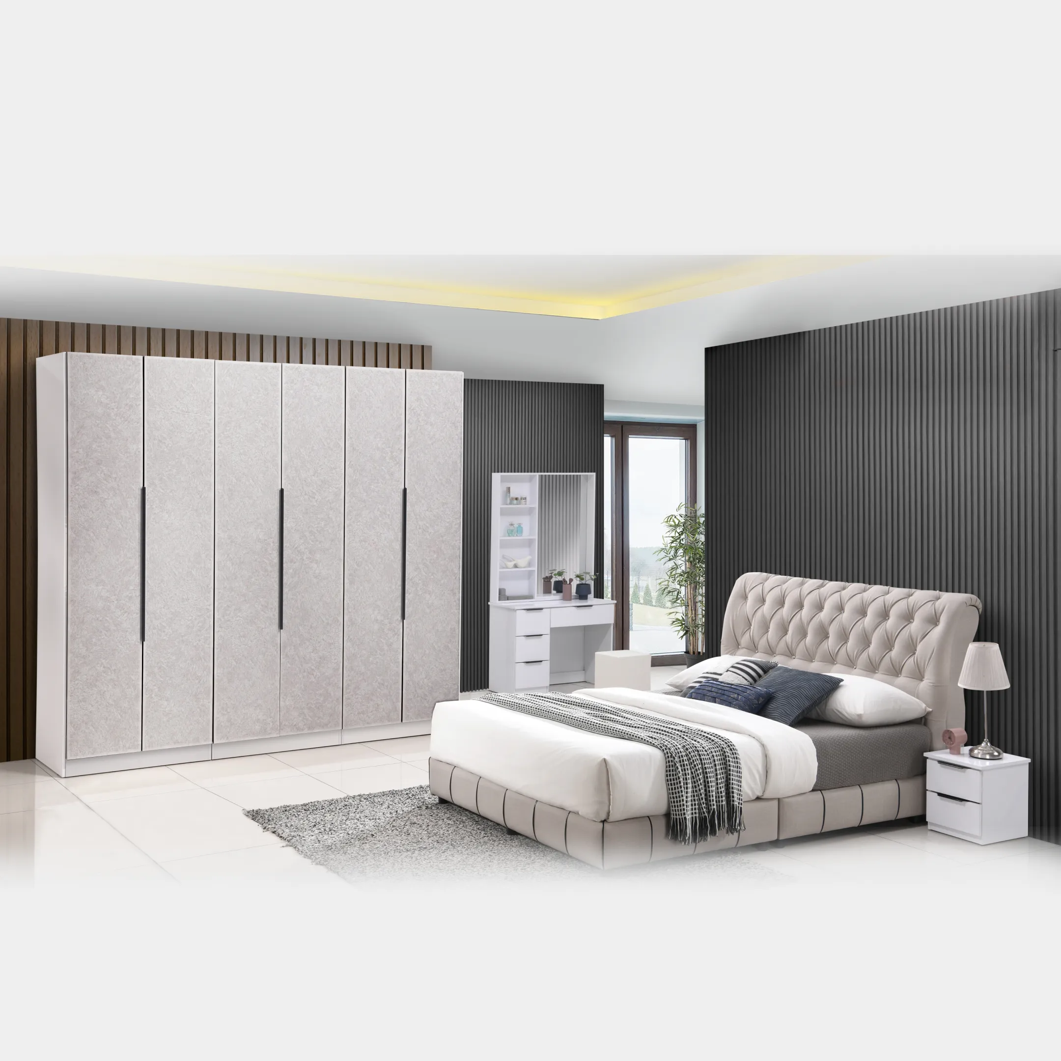 Goodnite Queen/ King Bedroom Set, Bedframe + Wardrobe + Dresser + Side Table (YXE669)