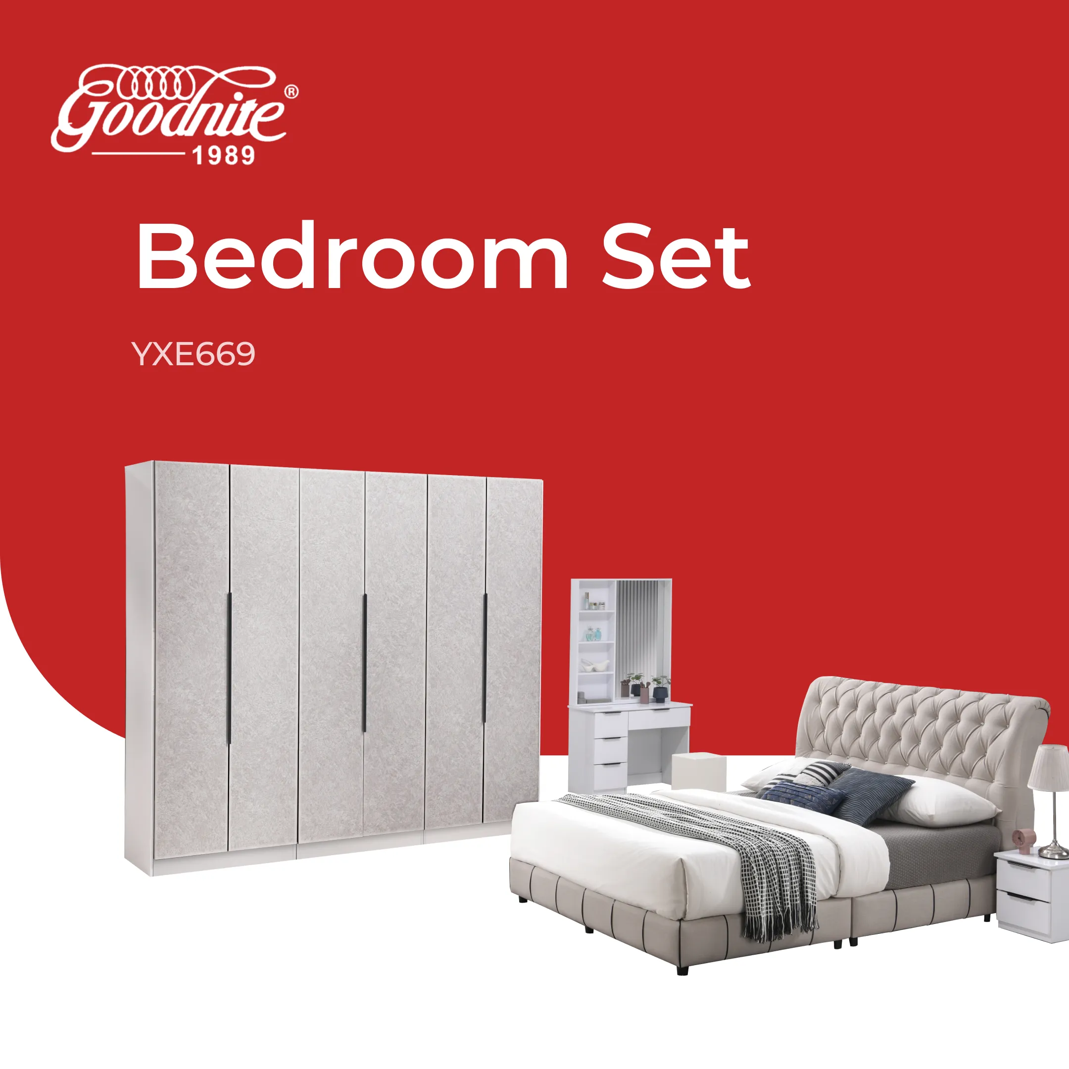 Goodnite Queen/ King Bedroom Set, Bedframe + Wardrobe + Dresser + Side Table (YXE669)