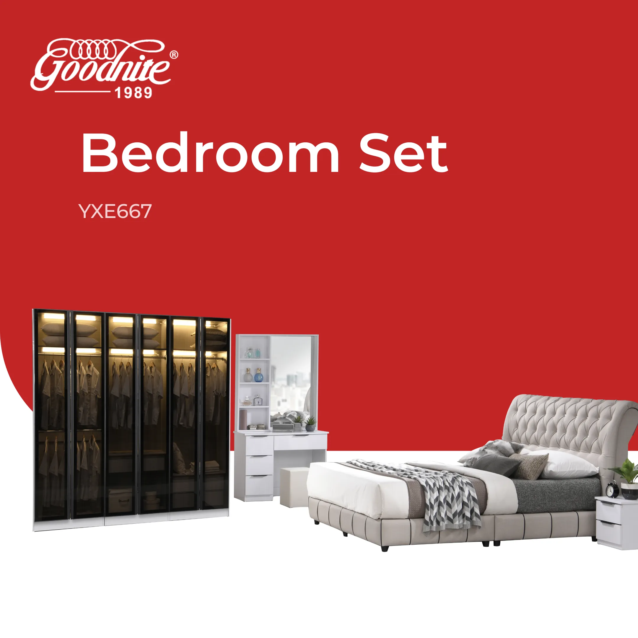 Goodnite Queen/ King Bedroom Set, Bedframe + Wardrobe + Dresser + Side Table (YXE667)