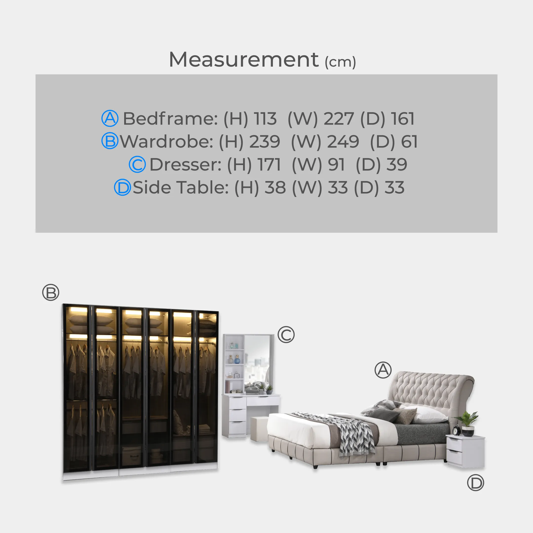 Goodnite Queen/ King Bedroom Set, Bedframe + Wardrobe + Dresser + Side Table (YXE667)
