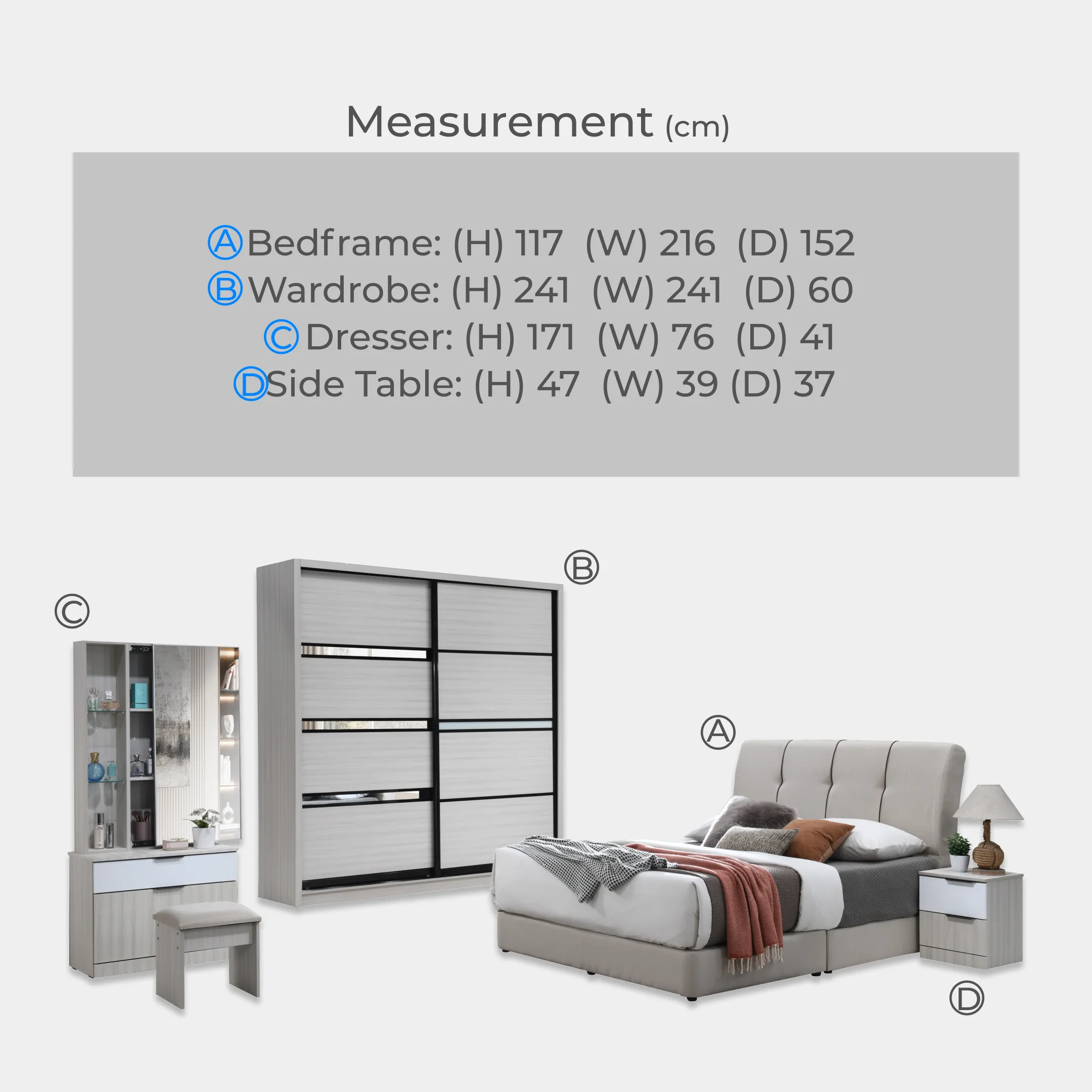 Goodnite Queen/ King Bedroom Set, Bedframe + Wardrobe + Dresser + Side Table (HR2257)