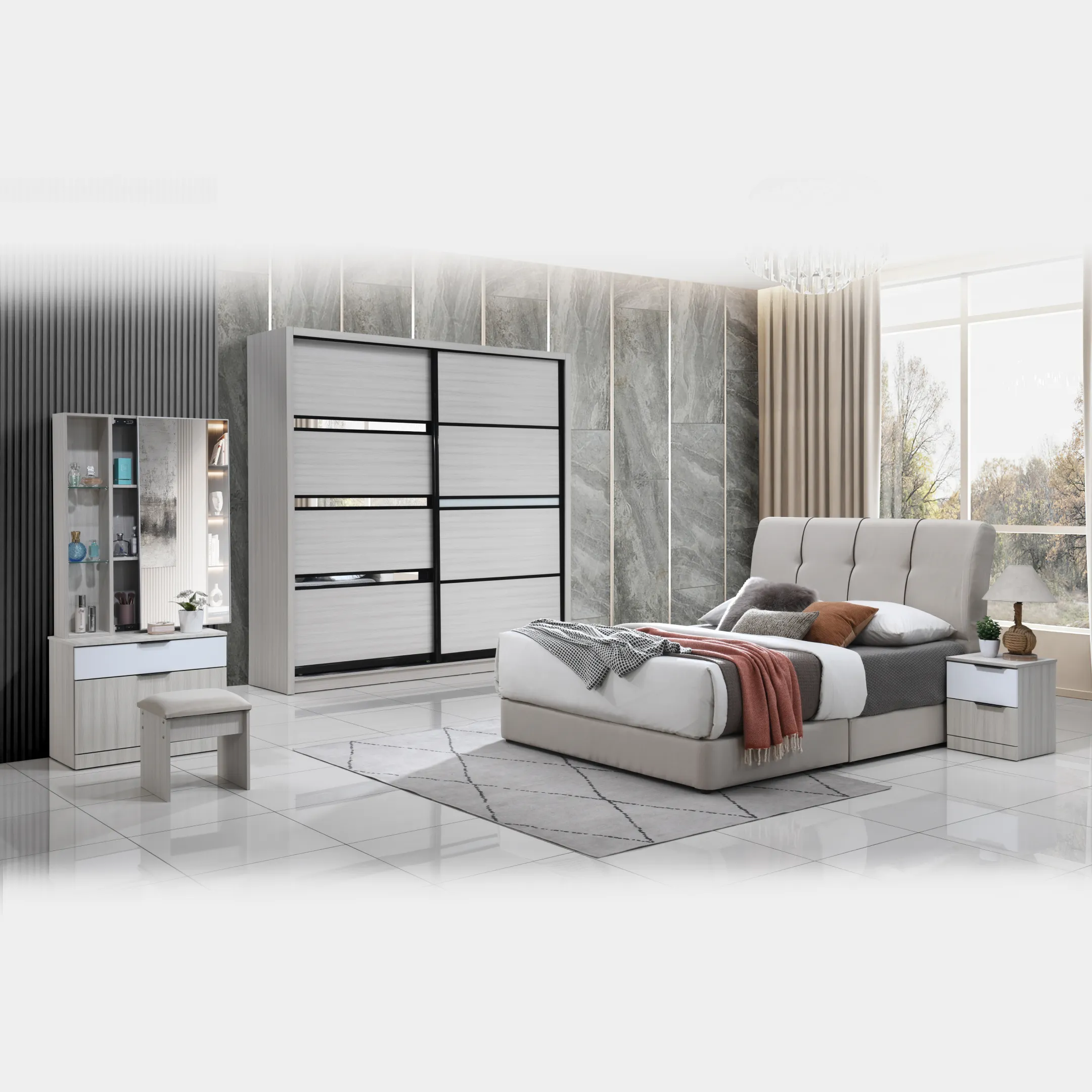 Goodnite Queen/ King Bedroom Set, Bedframe + Wardrobe + Dresser + Side Table (HR2257)