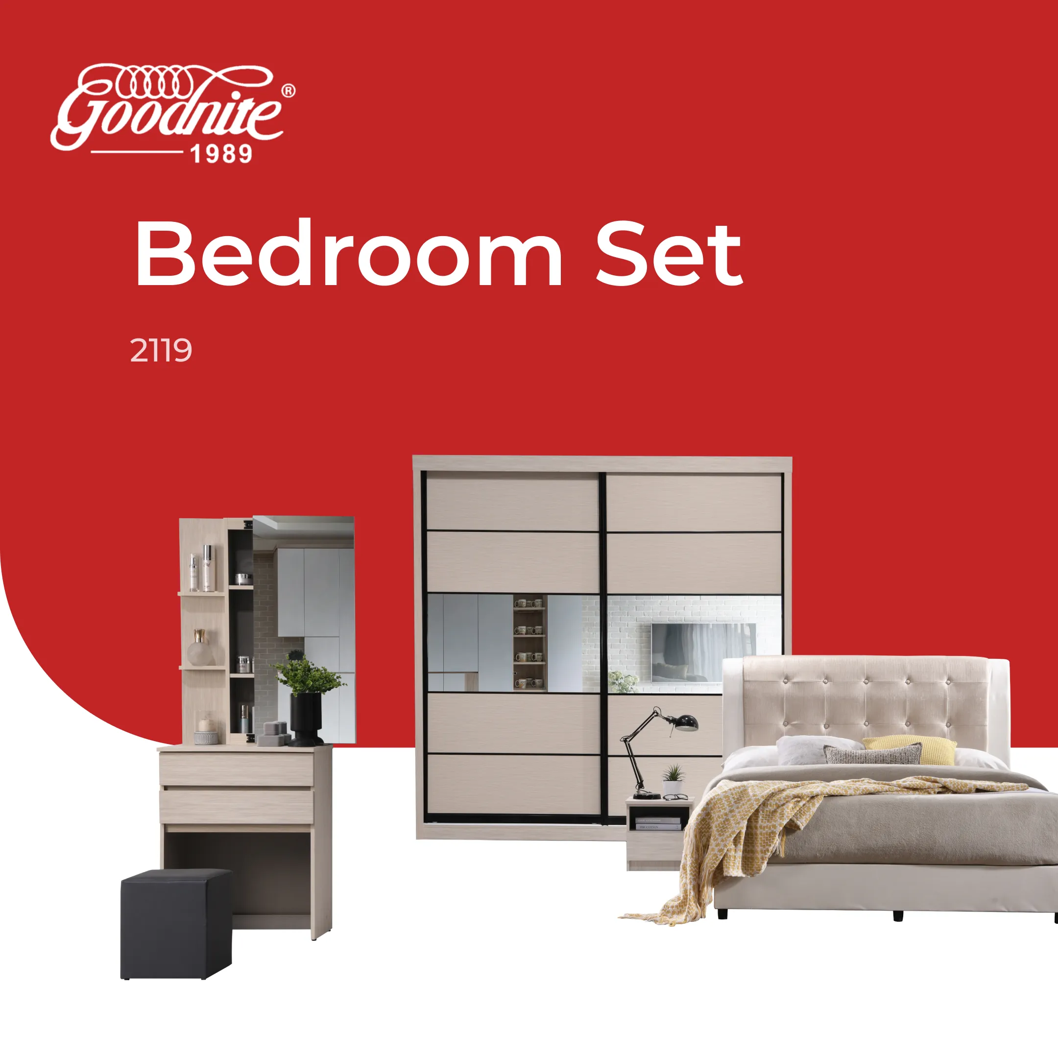 Goodnite Queen/ King Bedroom Set, Bedframe + Wardrobe + Dresser + Side Table (2119)