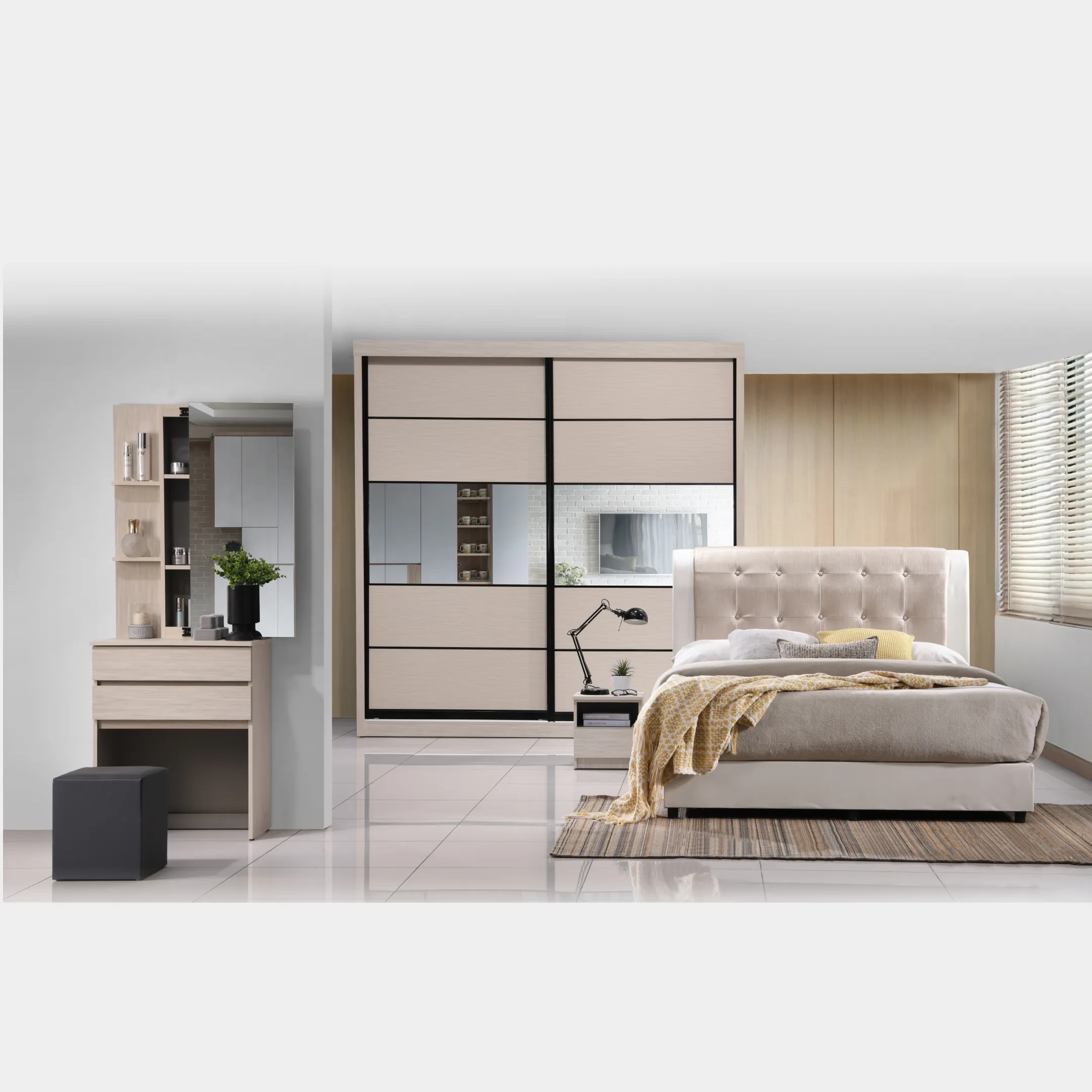 Goodnite Queen/ King Bedroom Set, Bedframe + Wardrobe + Dresser + Side Table (2119)
