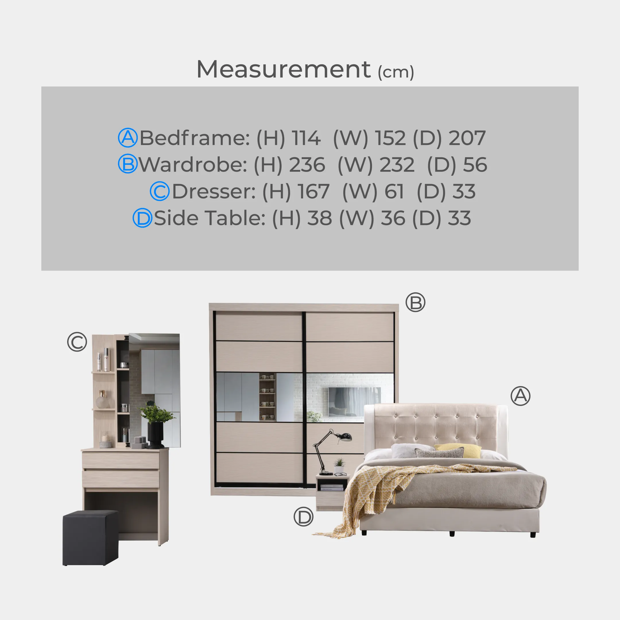 Goodnite Queen/ King Bedroom Set, Bedframe + Wardrobe + Dresser + Side Table (2119)