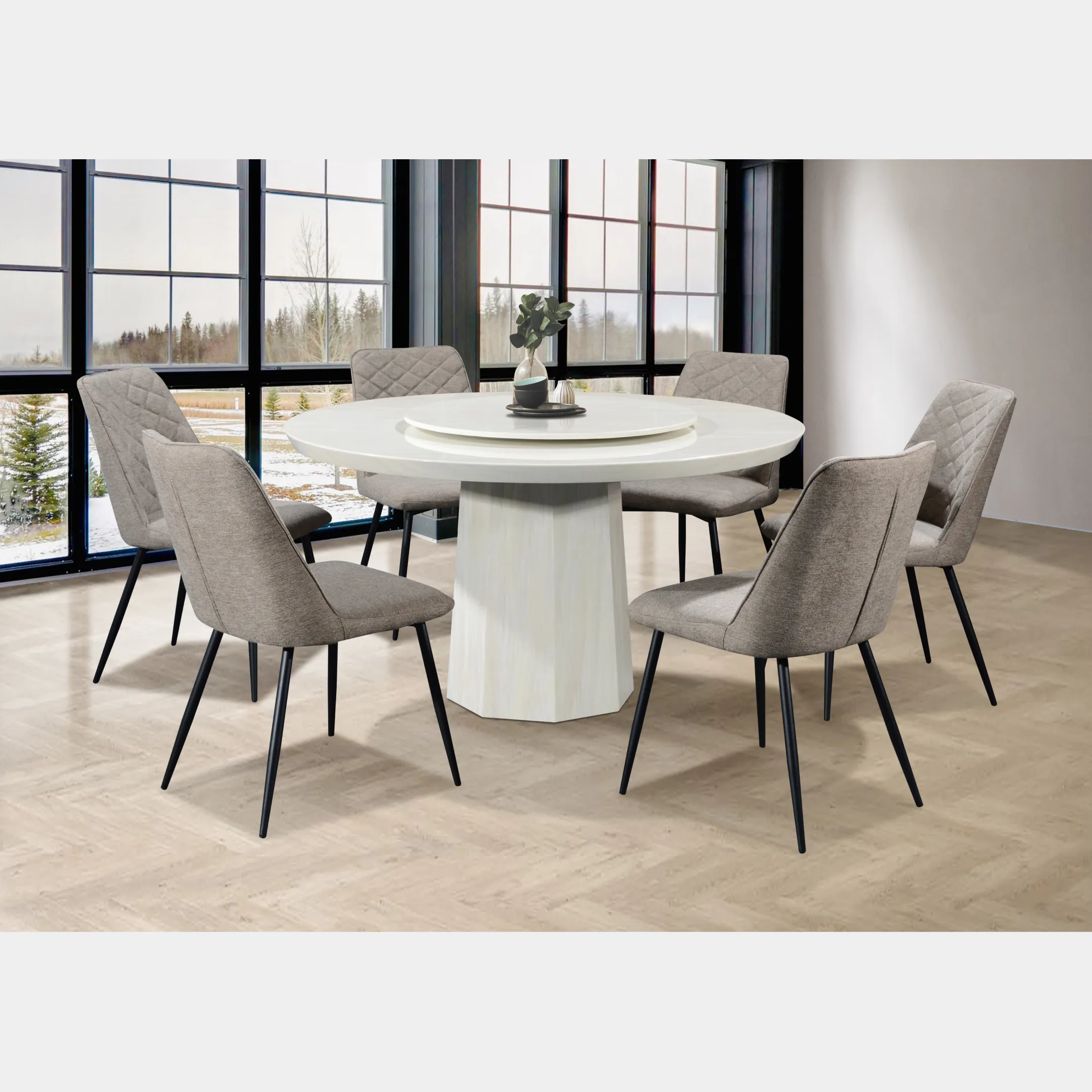 Goodnite (1+6) Marble Dining Set (W 1350mm) / (1+8) Marble Dining Set (W 1500mm), Marble Table, Metal Leg, Fabric Chair