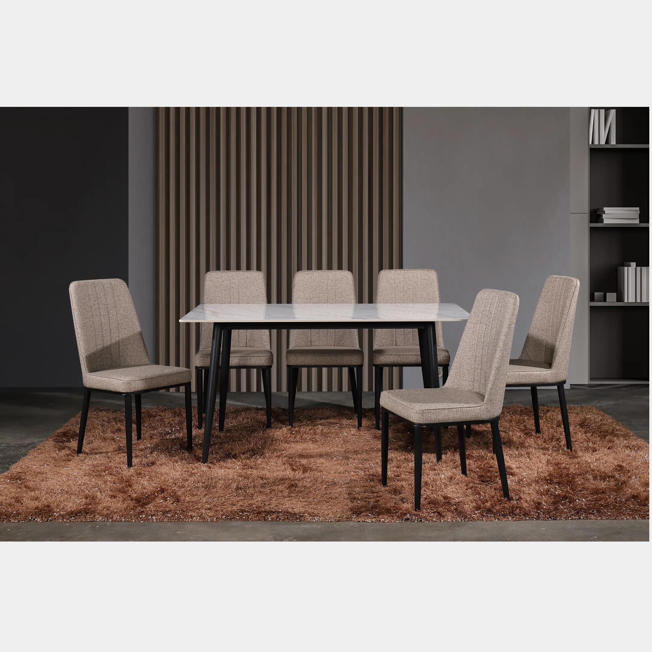 Goodnite (1+6) Ceramic Dining Set, Ceramic Top, Metal Leg, PU Chair