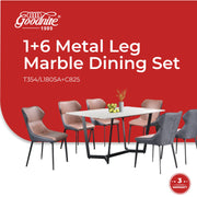 Goodnite (1+6) Marble Dining Set (W 1500mm), Marble Top, Metal Leg, PU Chair