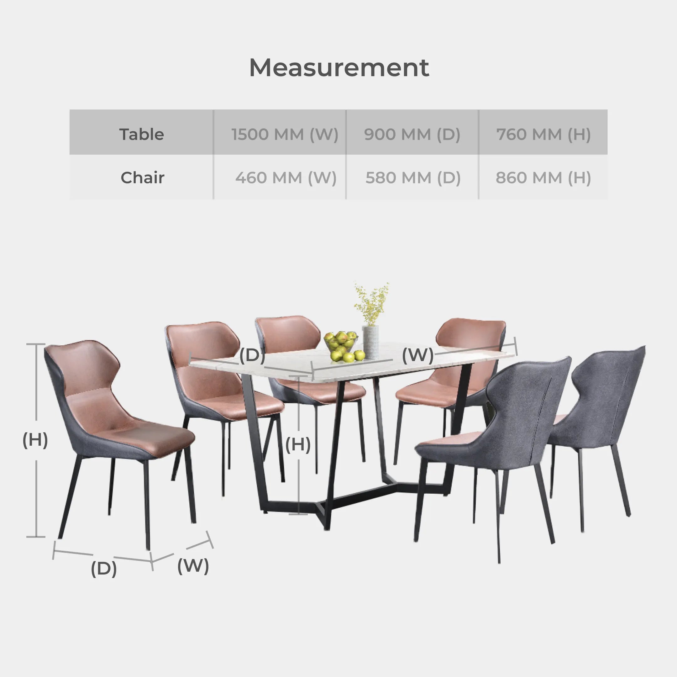 Goodnite (1+6) Marble Dining Set (W 1500mm), Marble Top, Metal Leg, PU Chair
