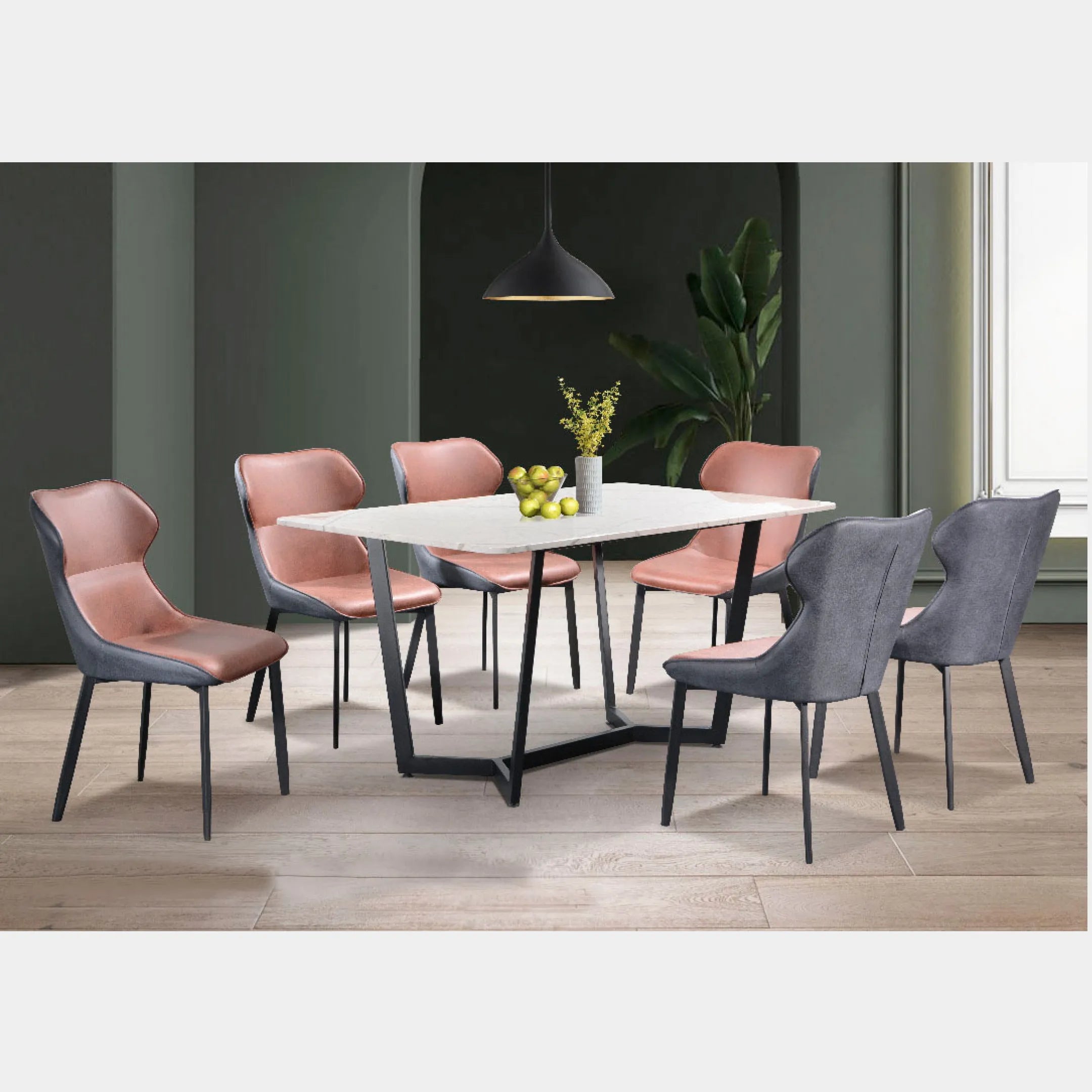 Goodnite (1+6) Marble Dining Set (W 1500mm), Marble Top, Metal Leg, PU Chair