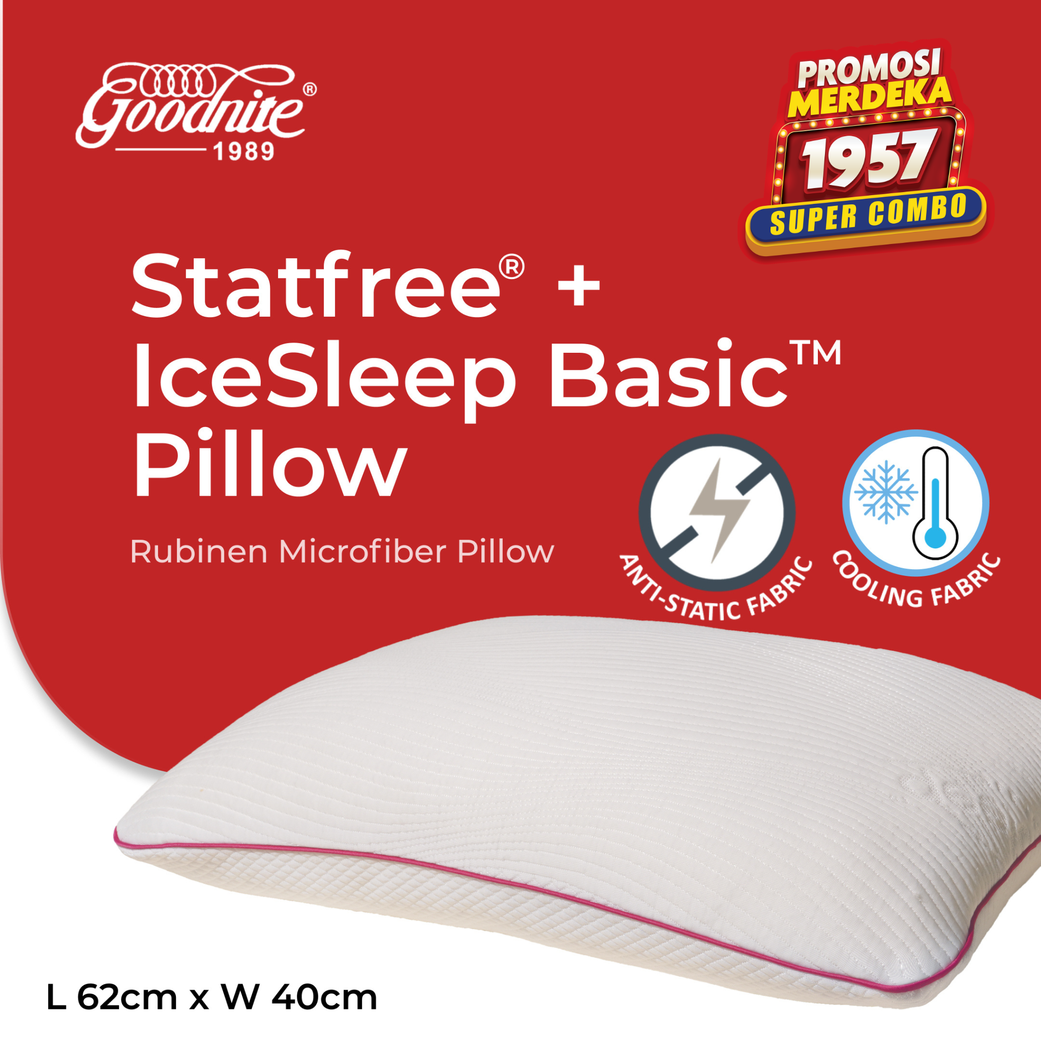 Goodnite Statfree® Cooling Rubinen Microfiber Pillow 62cm x 40cm x 1.33kg