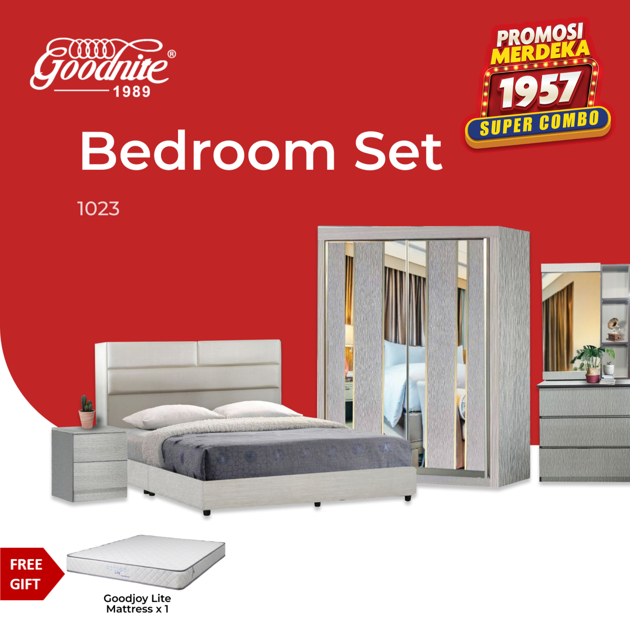 Goodnite Queen Bedroom Set, Bedframe + Wardrobe + Dresser + Side Table (1023) Free GoodJoy Lite Mattress
