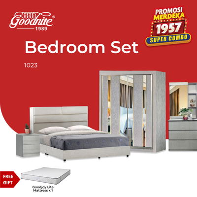 Goodnite Queen Bedroom Set, Bedframe + Wardrobe + Dresser + Side Table (1023) Free GoodJoy Lite Mattress
