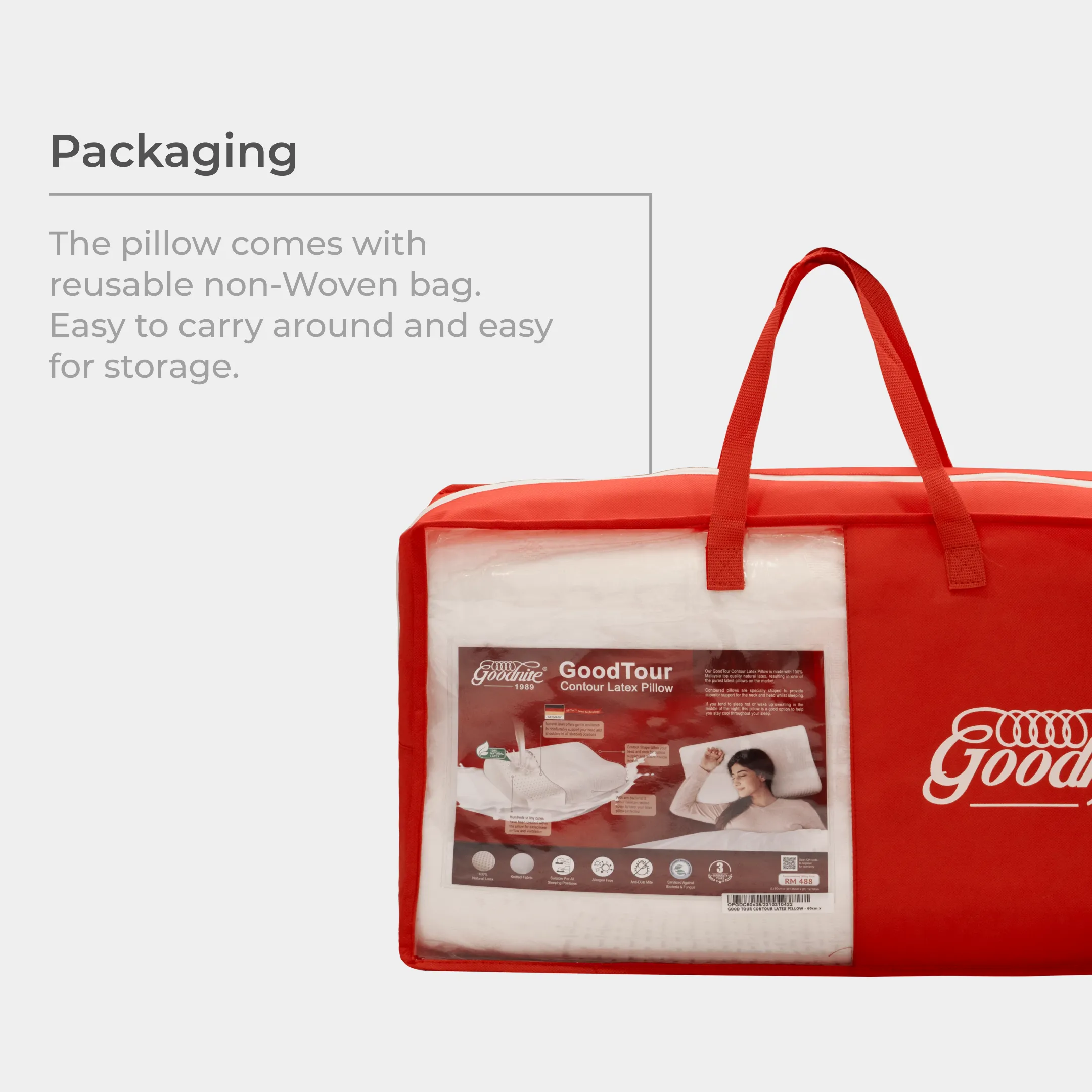 Goodnite Good Tour Contour Latex Pillow 60cm x 35cm x 12/10cm