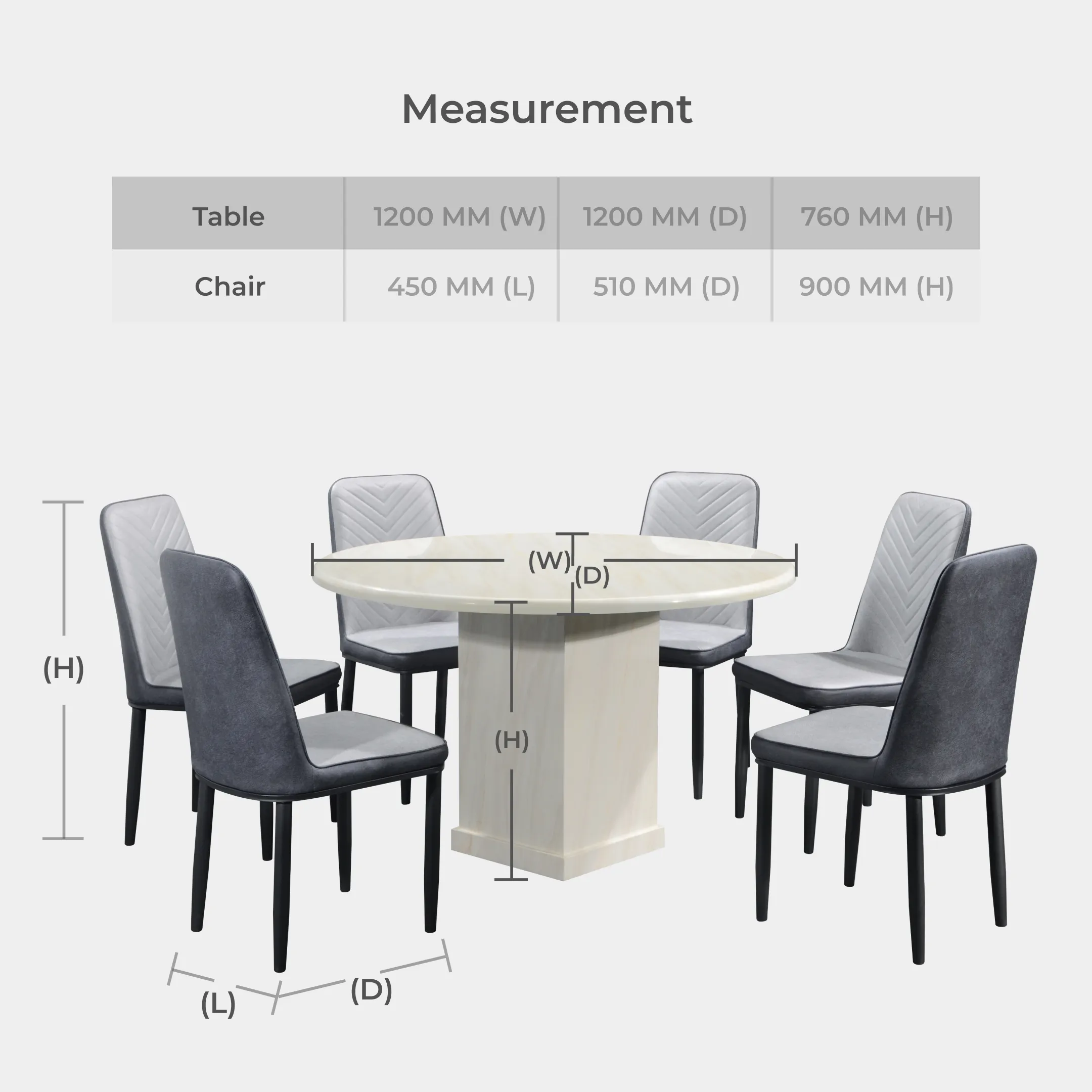 Goodnite (1+6) Marble Dining Set (W 1200mm), Marble Table, Metal Leg, Fabric Chair