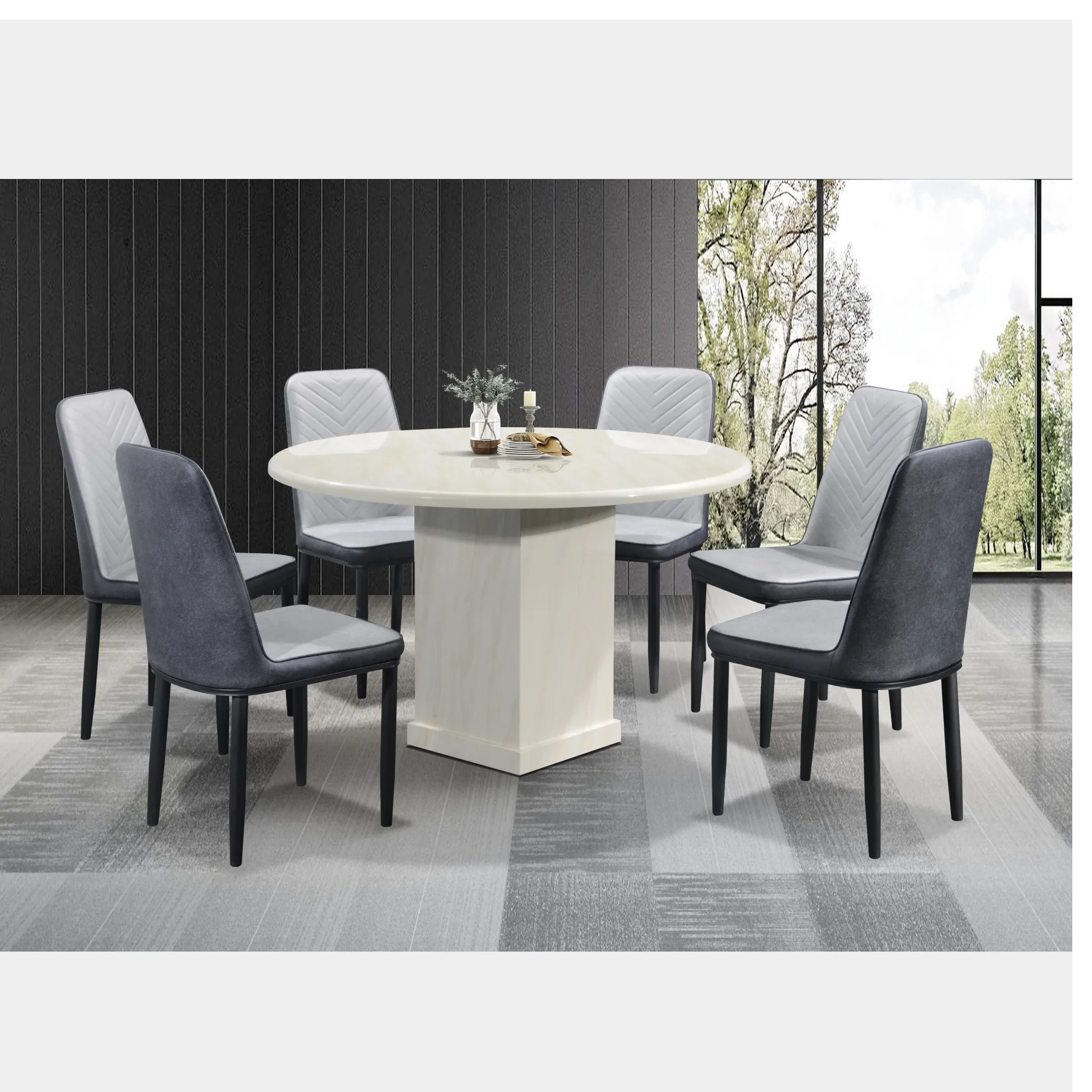 Goodnite (1+6) Marble Dining Set (W 1200mm), Marble Table, Metal Leg, Fabric Chair