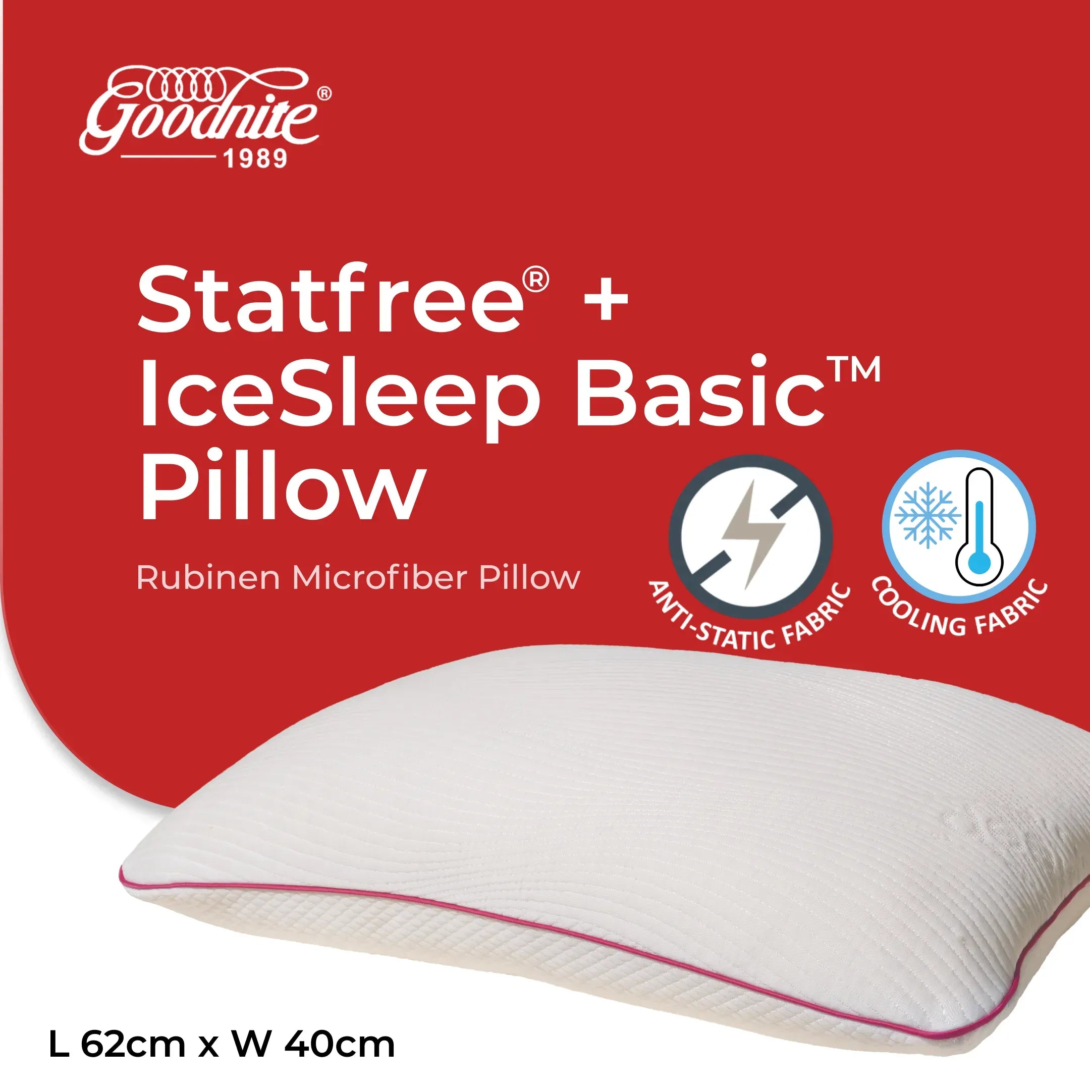Goodnite Statfree® Cooling Rubinen Microfiber Pillow 62cm x 40cm x 1.33kg