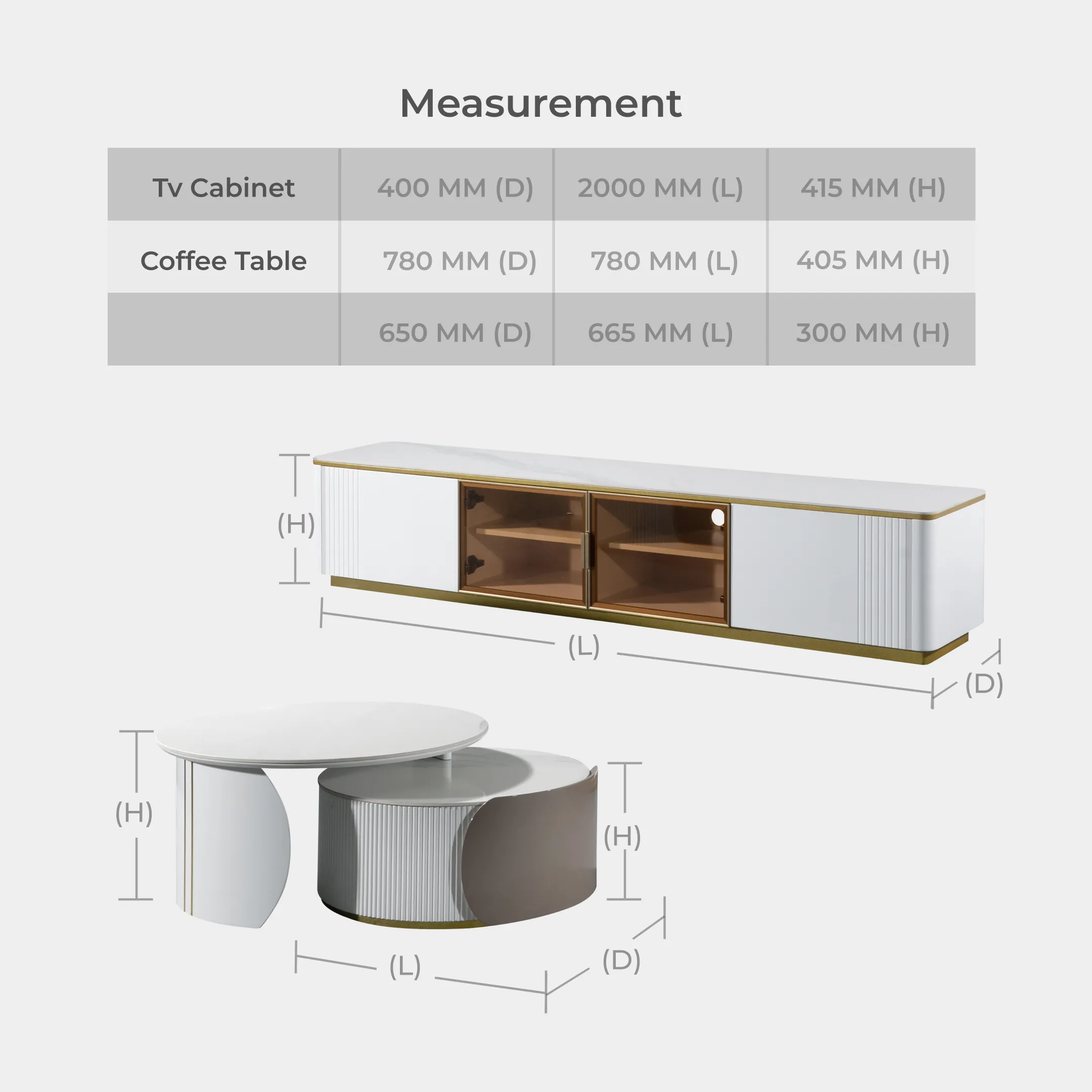 Goodnite Living Set (TV106+CT106), 6.5Ft TV Cabinet/ Coffee Table (Ceramic Top, Glass Door)