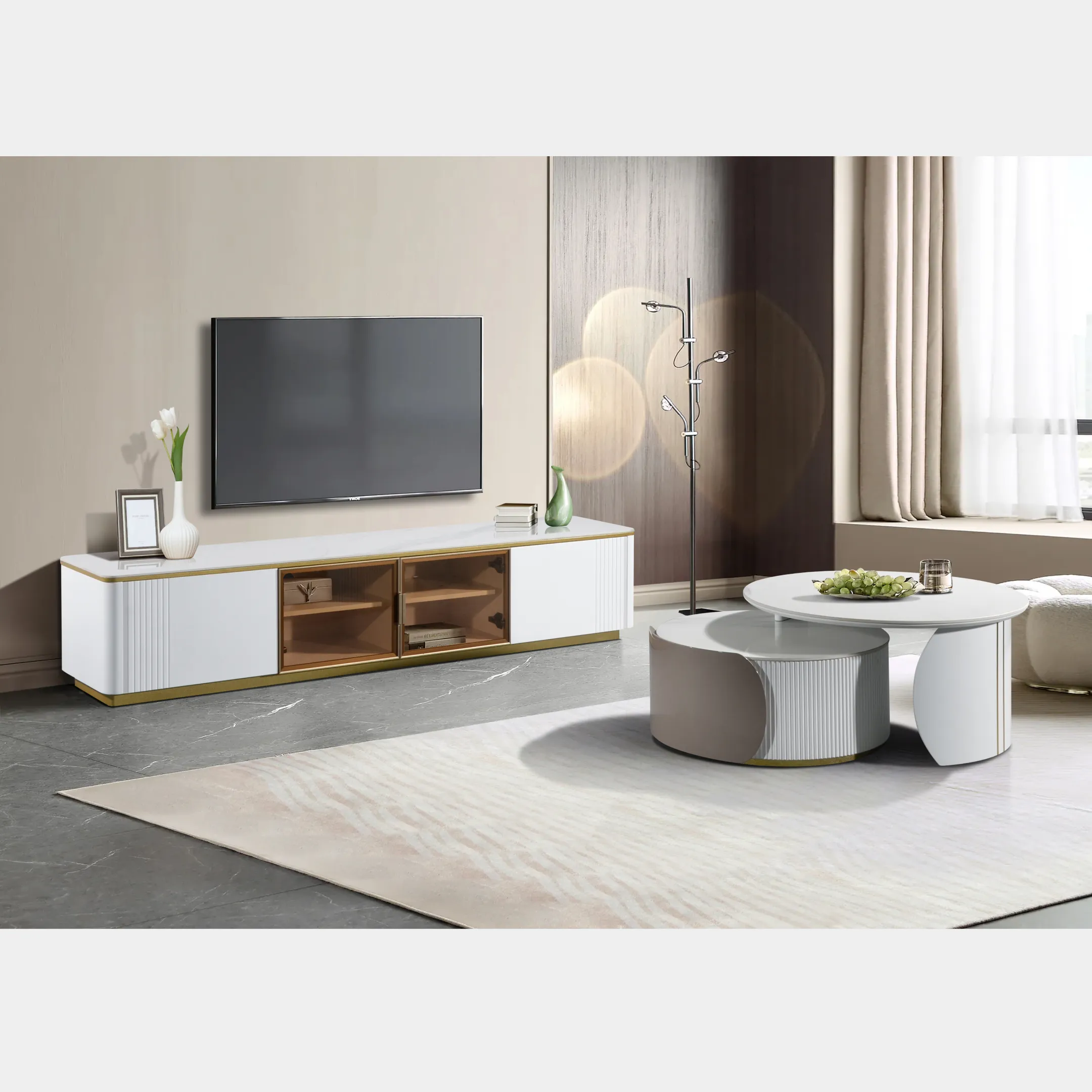 Goodnite Living Set (TV106+CT106), 6.5Ft TV Cabinet/ Coffee Table (Ceramic Top, Glass Door)
