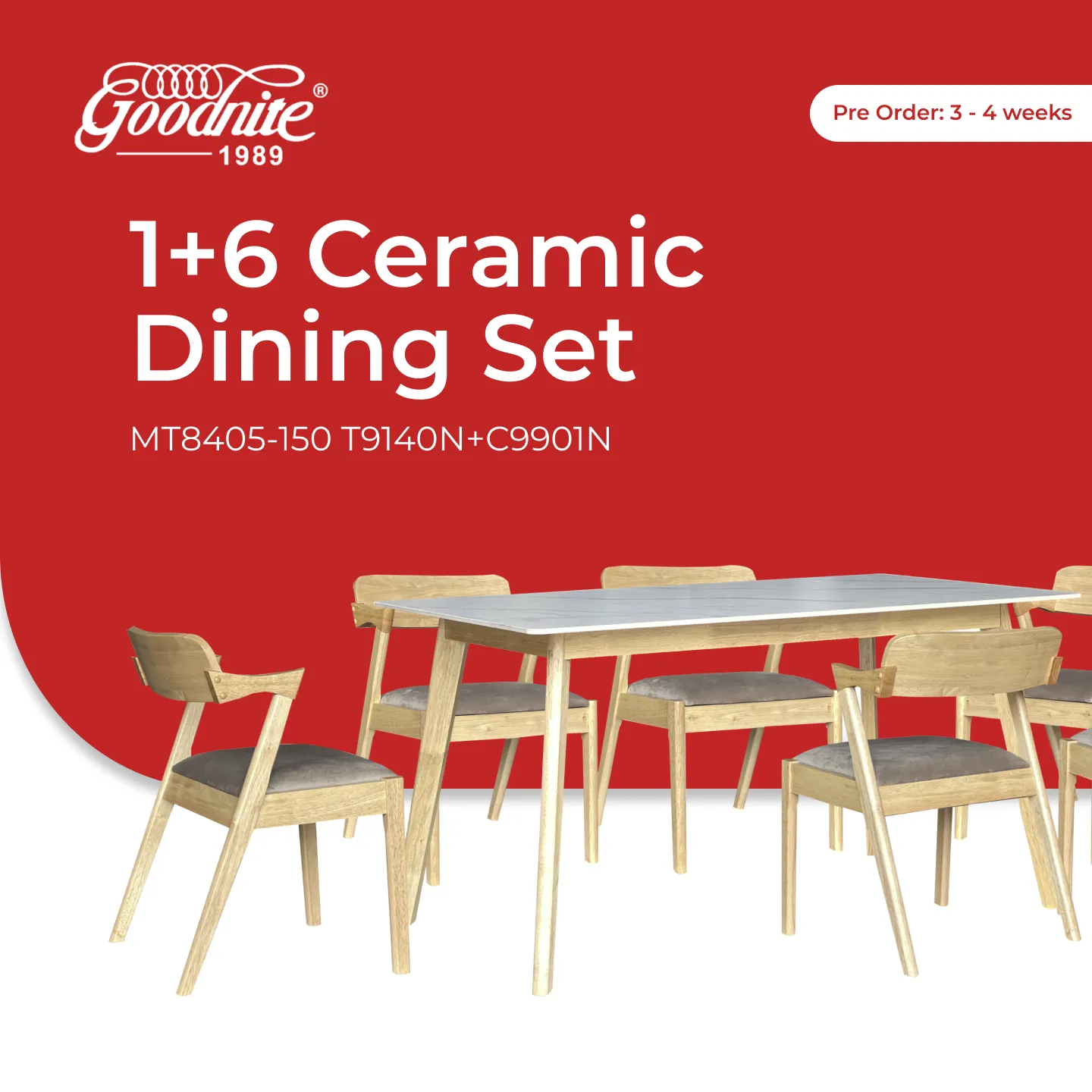 Goodnite (1+6) Ceramic Dining Set, Ceramic Top, Wood Leg, Fabric Chair